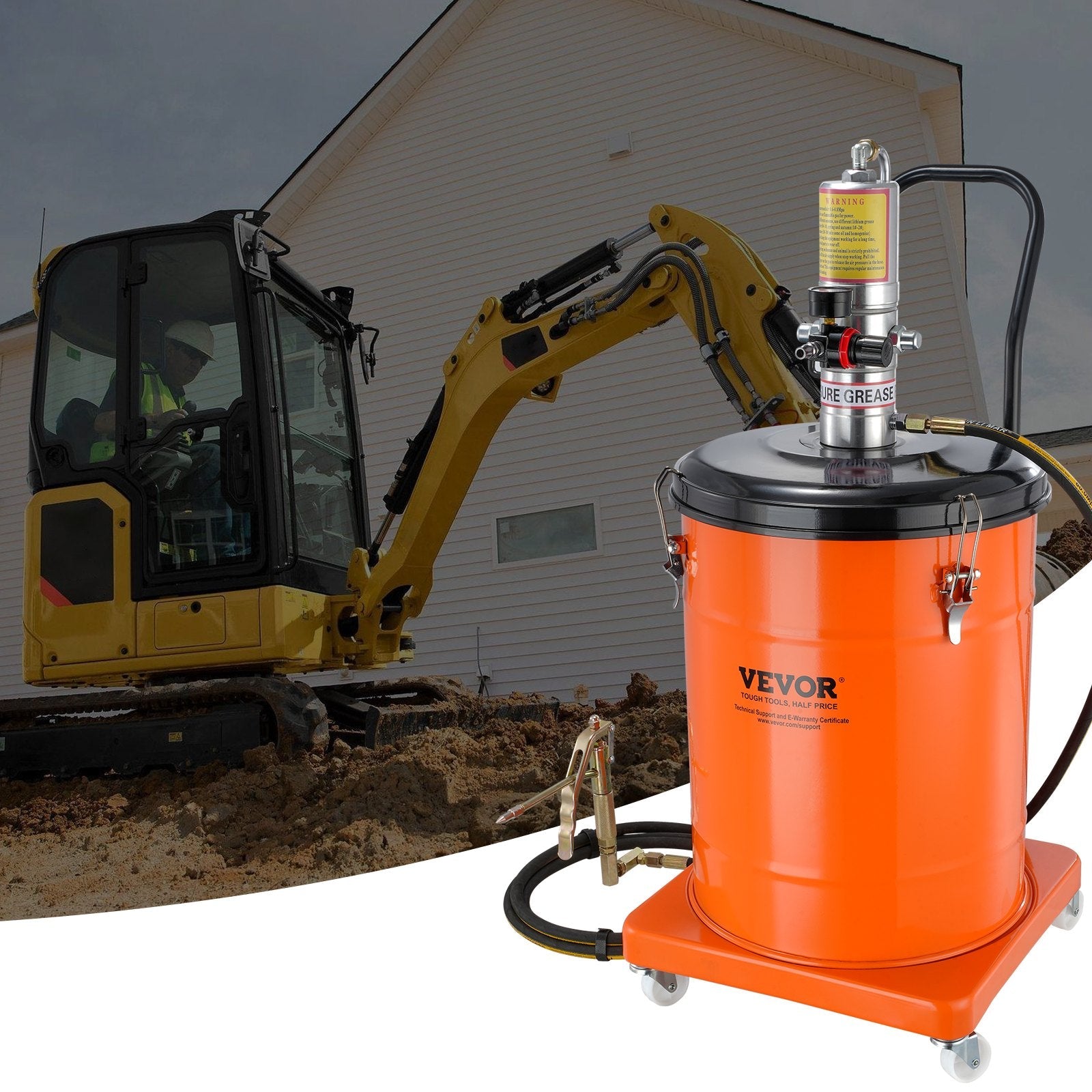 VEVOR Grease Pump, 10.5 Gallon 40L Air Operated Grease Pump with 13 ft High Pressure Hose and Grease Gun, Pneumatic Grease Bucket Pump with Wheels, Portable Lubrication Grease Pump 50:1 Pressure Ratio 