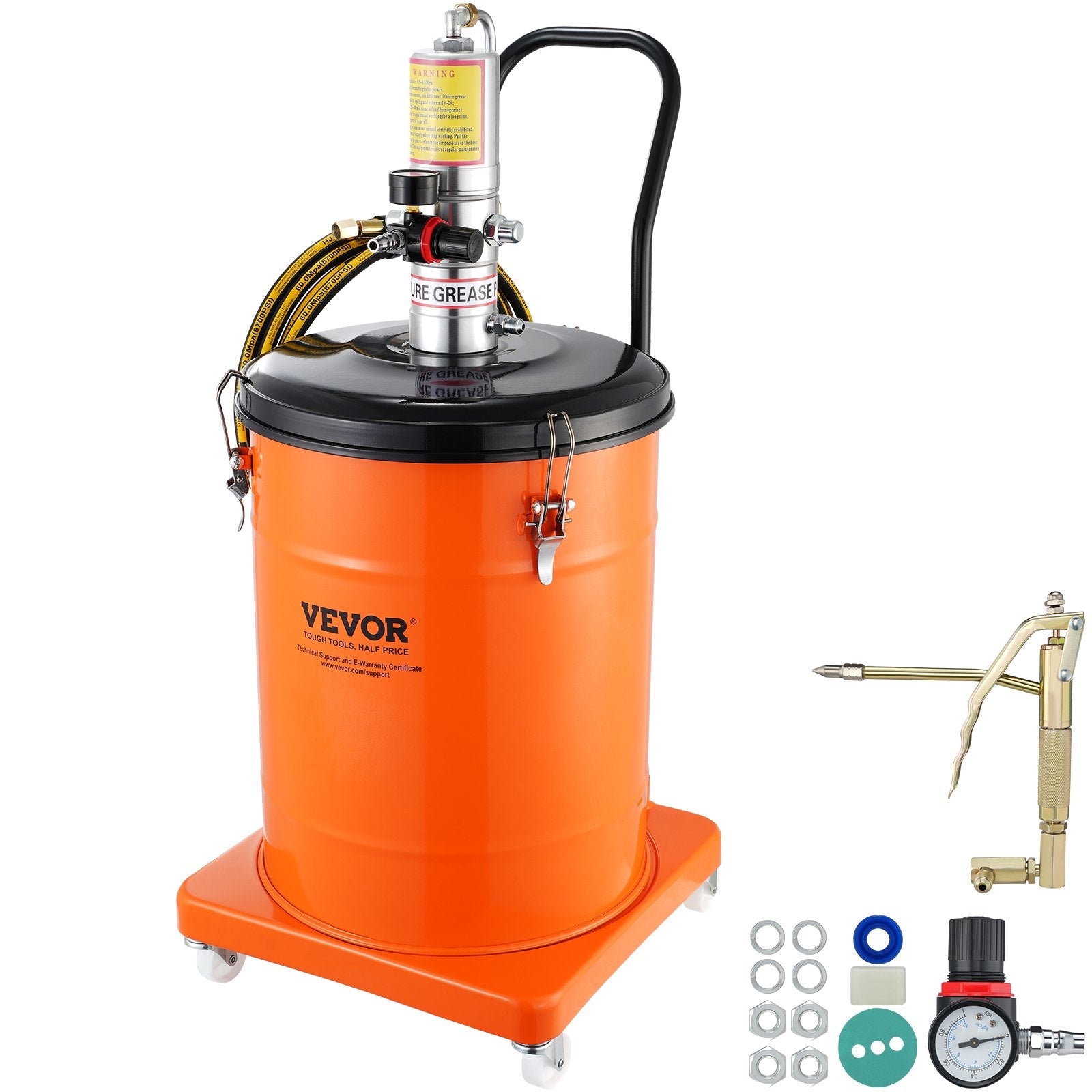 VEVOR Grease Pump, 10.5 Gallon 40L Air Operated Grease Pump with 13 ft High Pressure Hose and Grease Gun, Pneumatic Grease Bucket Pump with Wheels, Portable Lubrication Grease Pump 50:1 Pressure Ratio 