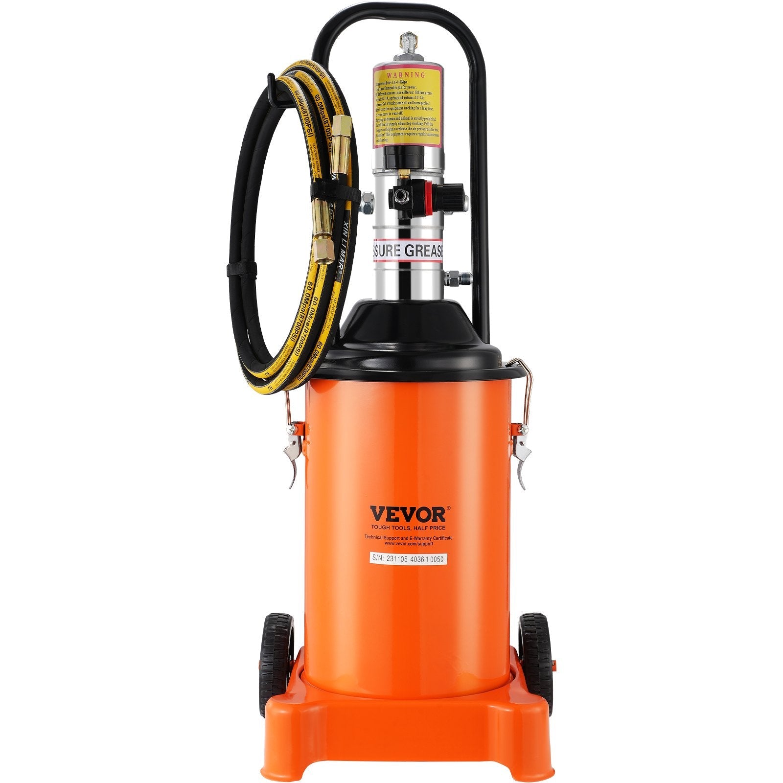VEVOR Grease Pump, 3 Gallon 12L, Air Operated Grease Pump with 13 ft High Pressure Hose and Grease Gun, Pneumatic Grease Bucket Pump with Wheels, Portable Lubrication Grease Pump 50:1 Pressure Ratio 
