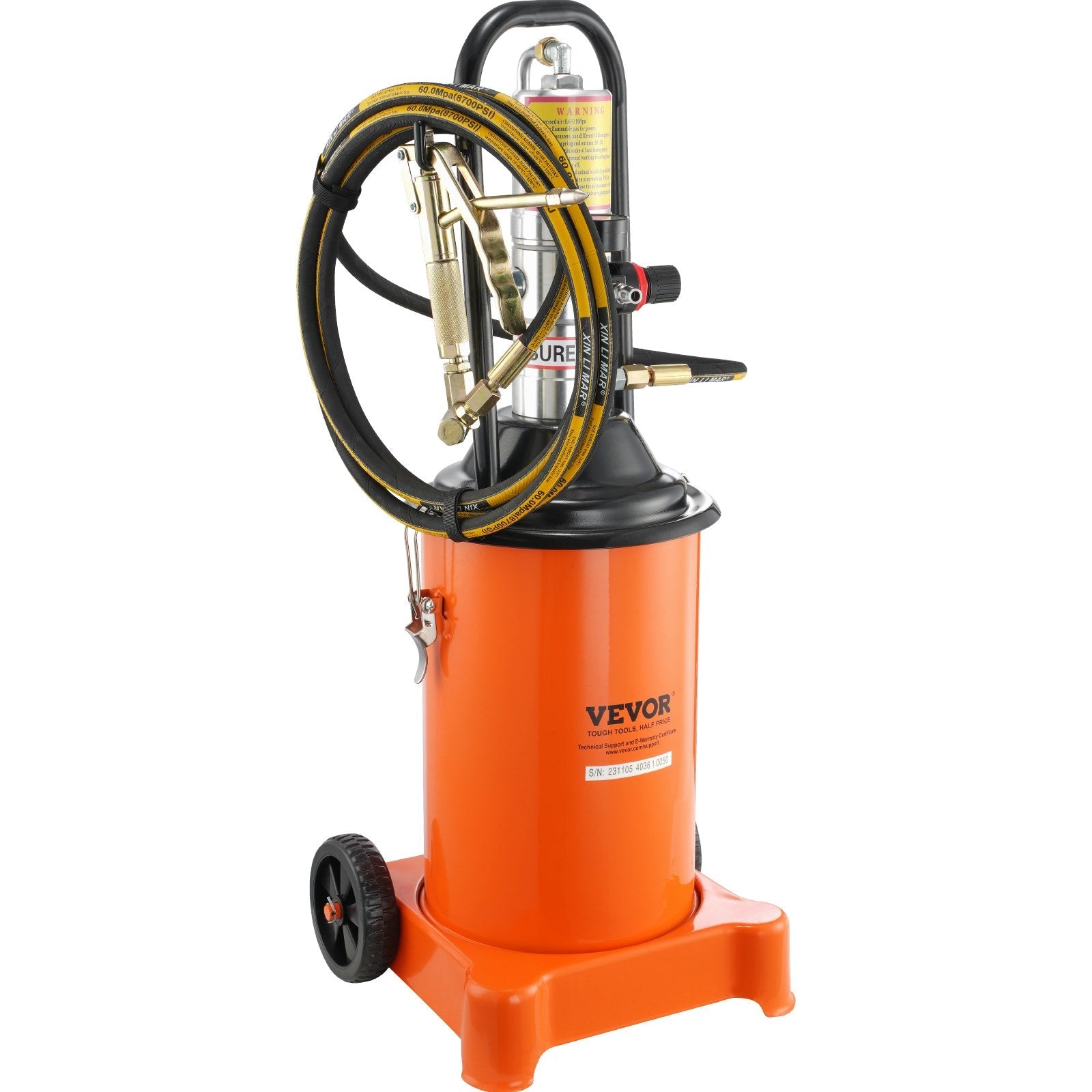 VEVOR Grease Pump, 3 Gallon 12L, Air Operated Grease Pump with 13 ft High Pressure Hose and Grease Gun, Pneumatic Grease Bucket Pump with Wheels, Portable Lubrication Grease Pump 50:1 Pressure Ratio 