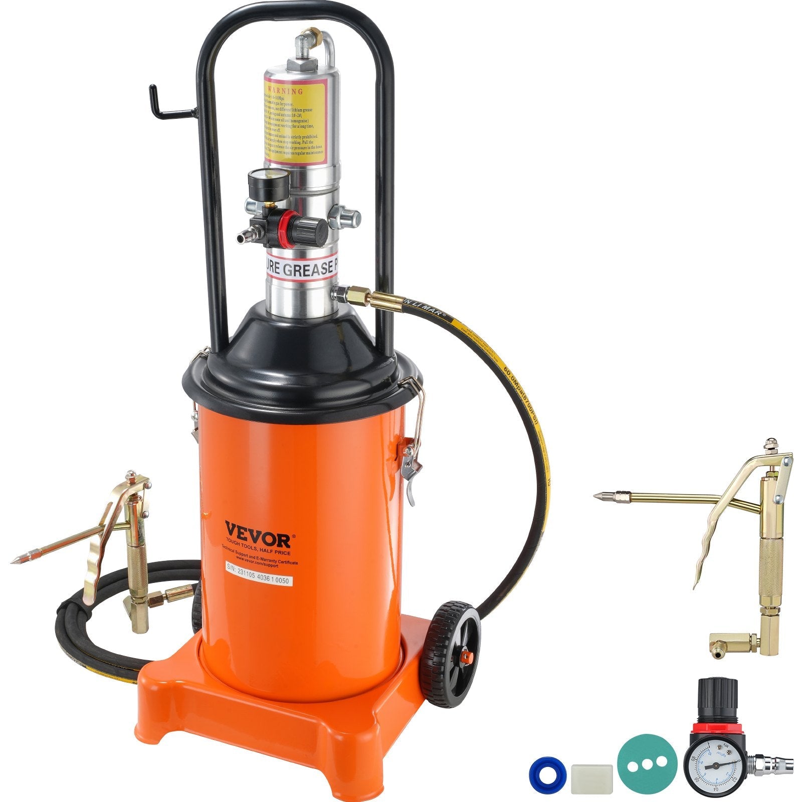 VEVOR Grease Pump, 3 Gallon 12L, Air Operated Grease Pump with 13 ft High Pressure Hose and Grease Gun, Pneumatic Grease Bucket Pump with Wheels, Portable Lubrication Grease Pump 50:1 Pressure Ratio 