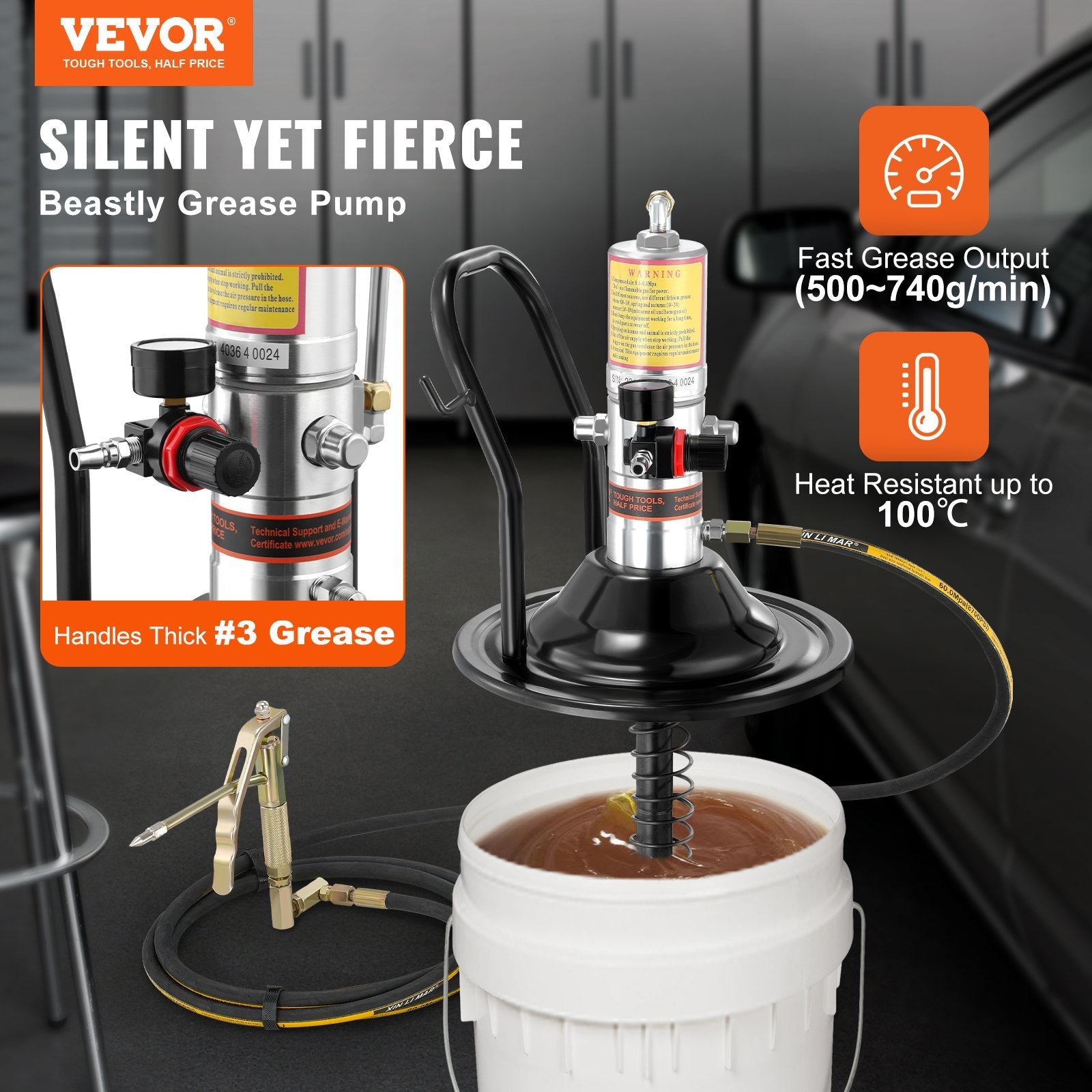VEVOR Grease Pump, 50:1 Pressure Ratio Air Operated Grease Pump with 13 ft High Pressure Hose and Grease Gun, Pneumatic Grease Pump with Barrel Cap, Portable Lubrication Grease Pump 360° Gun Head 