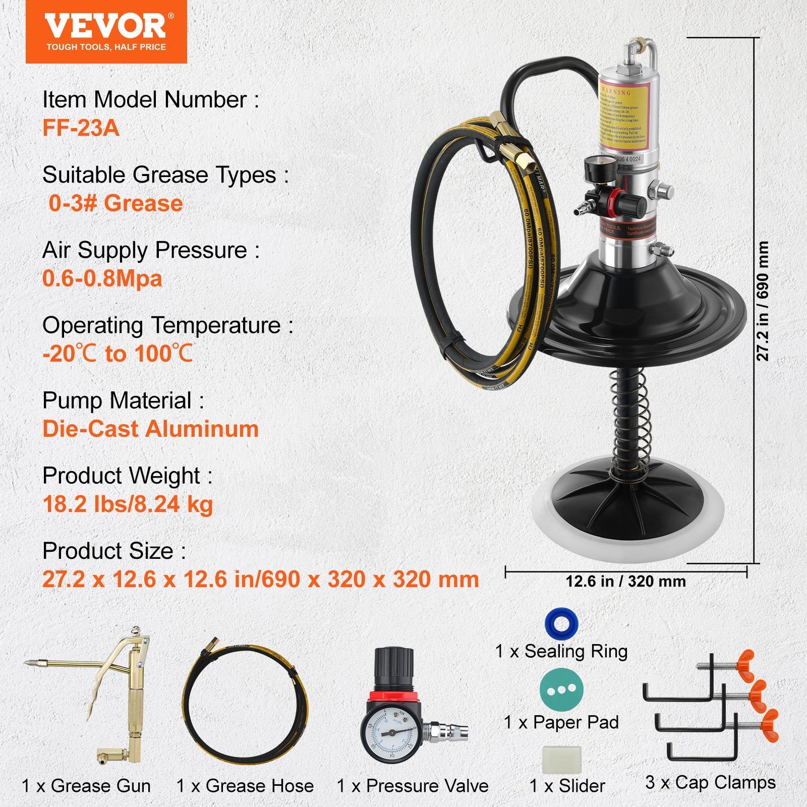 VEVOR Grease Pump, 50:1 Pressure Ratio Air Operated Grease Pump with 13 ft High Pressure Hose and Grease Gun, Pneumatic Grease Pump with Barrel Cap, Portable Lubrication Grease Pump 360° Gun Head 