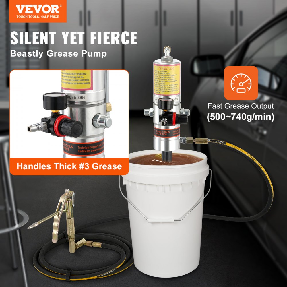 VEVOR Grease Pump, 50:1 Pressure Ratio Air Operated Grease Pump with 13 ft High Pressure Hose and Grease Gun, Pneumatic Grease Pump, Portable Lubrication Grease Pump with 360° Swivel Grease Gun Head 