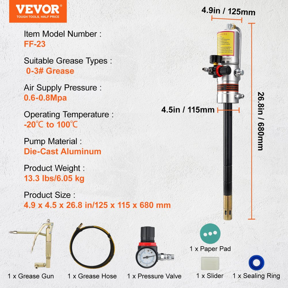 VEVOR Grease Pump, 50:1 Pressure Ratio Air Operated Grease Pump with 13 ft High Pressure Hose and Grease Gun, Pneumatic Grease Pump, Portable Lubrication Grease Pump with 360° Swivel Grease Gun Head 