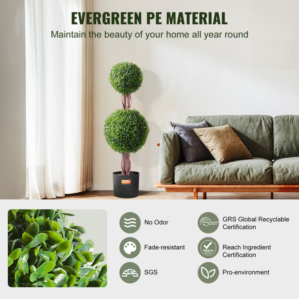 VEVOR 2 Pack 3' Artificial Boxwood Topiary Tree Faux Plant UV Decor In/Outdoor 