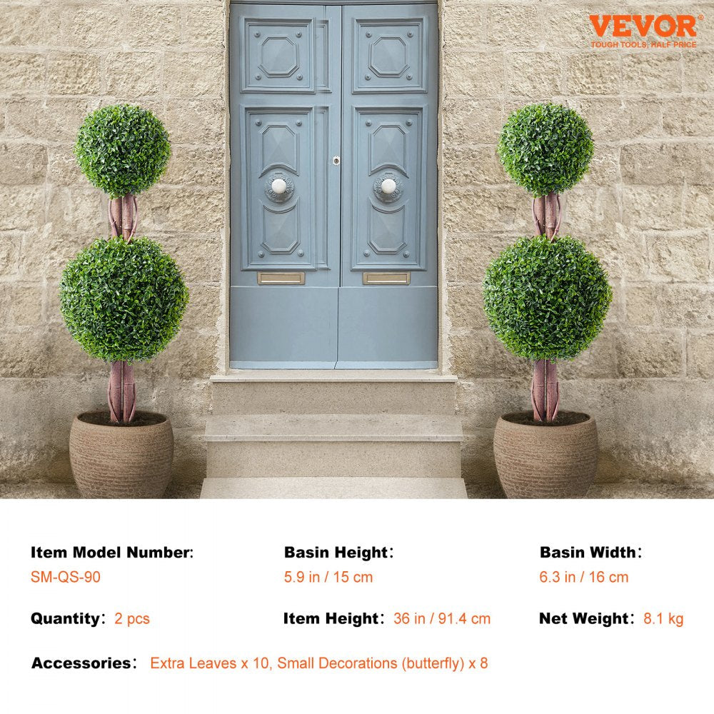 VEVOR 2 Pack 3' Artificial Boxwood Topiary Tree Faux Plant UV Decor In/Outdoor 