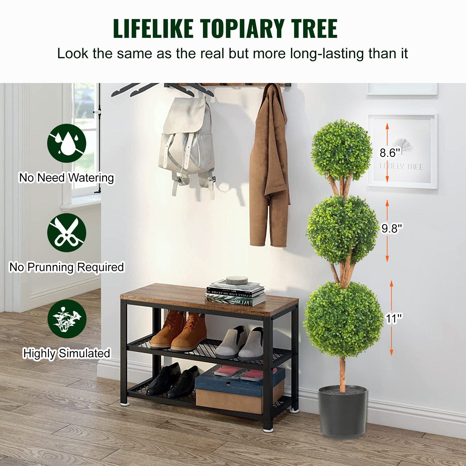 VEVOR Artificial Topiaries Boxwood Trees, 48 inch Tall (2 Pieces), 3 Ball-Shape Faux Topiaries Plant with Planters, Green Feaux Plant w/ Replaceable Leaves & Port for Decorative Indoor/Outdoor/Garden 
