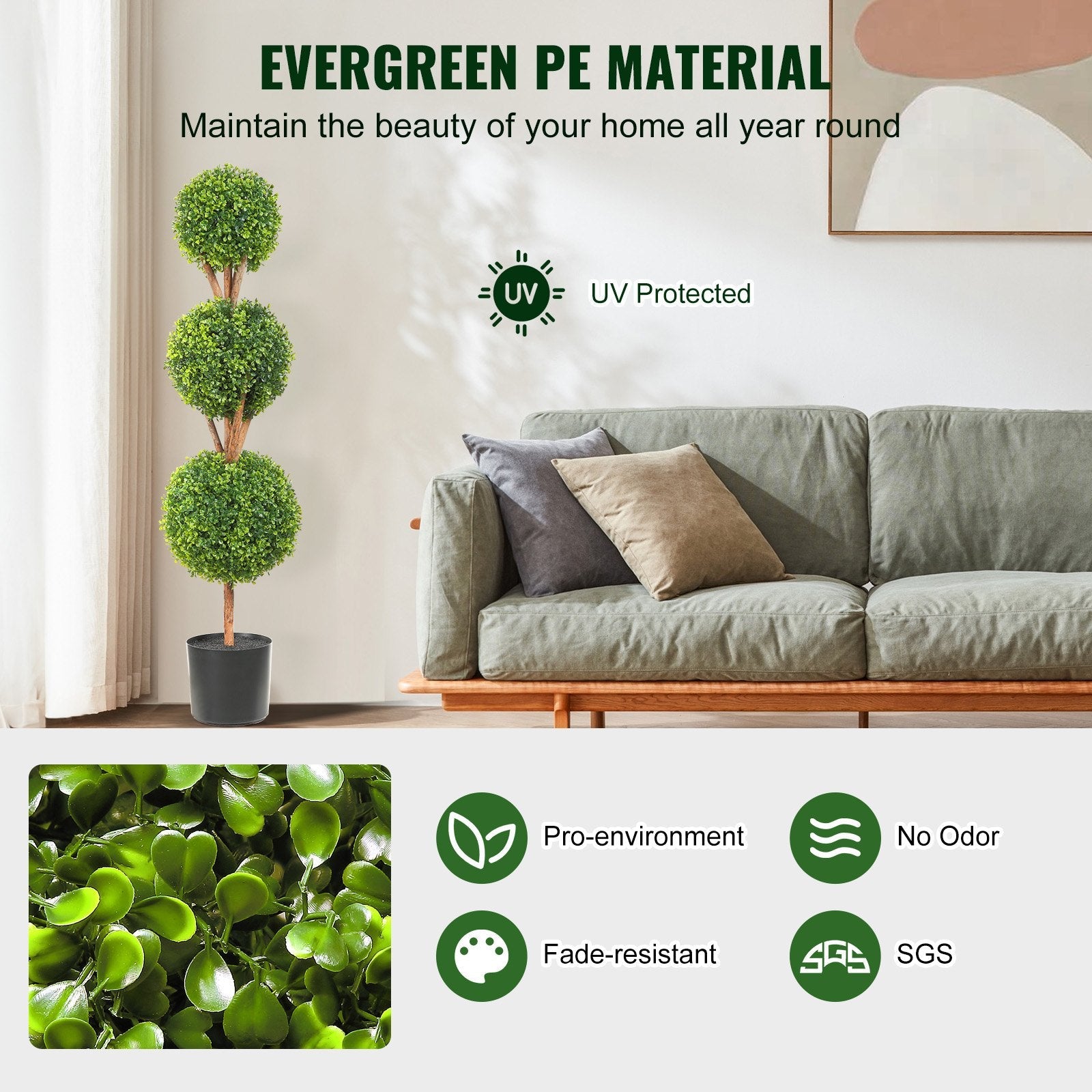VEVOR Artificial Topiaries Boxwood Trees, 48 inch Tall (2 Pieces), 3 Ball-Shape Faux Topiaries Plant with Planters, Green Feaux Plant w/ Replaceable Leaves & Port for Decorative Indoor/Outdoor/Garden 