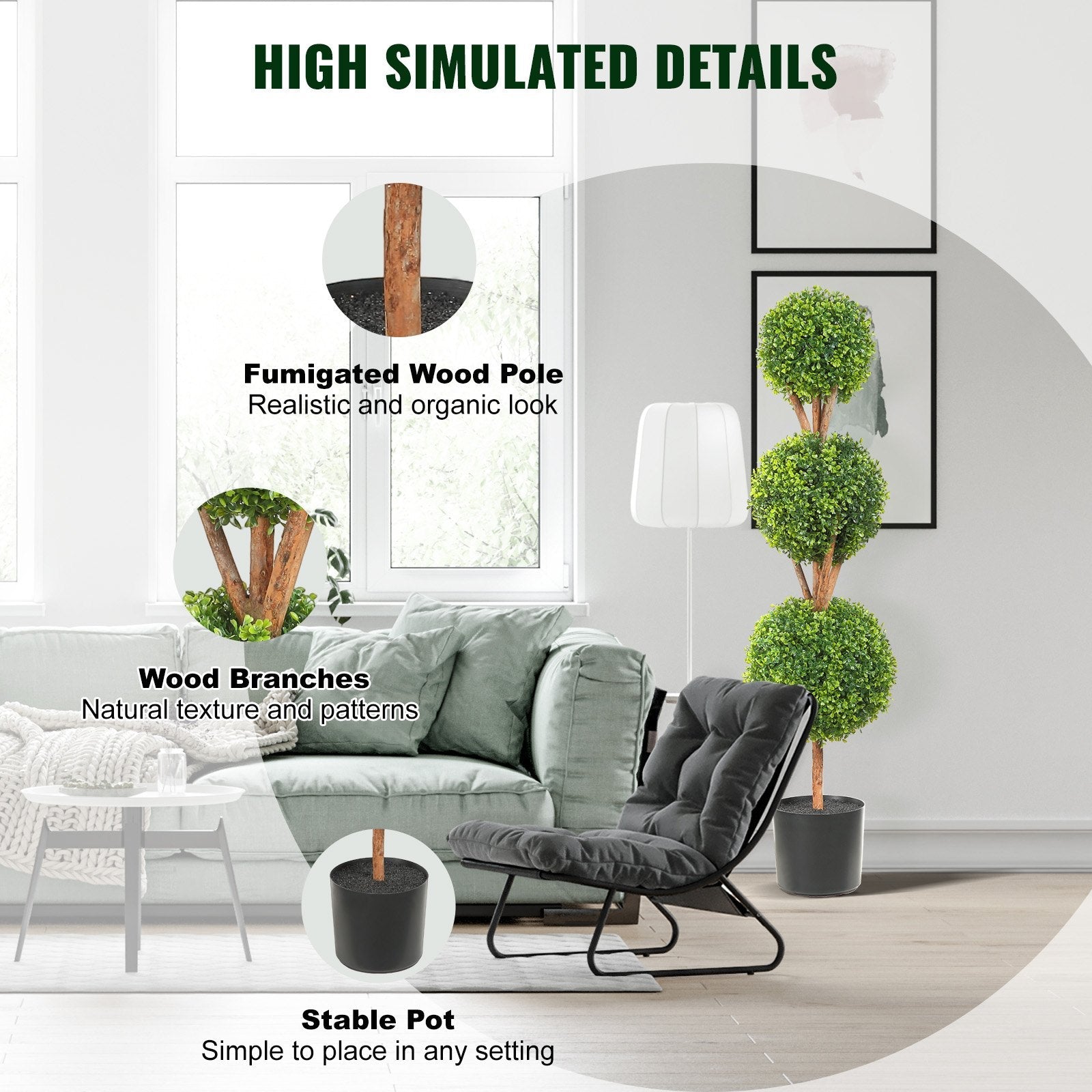 VEVOR Artificial Topiaries Boxwood Trees, 48 inch Tall (2 Pieces), 3 Ball-Shape Faux Topiaries Plant with Planters, Green Feaux Plant w/ Replaceable Leaves & Port for Decorative Indoor/Outdoor/Garden 