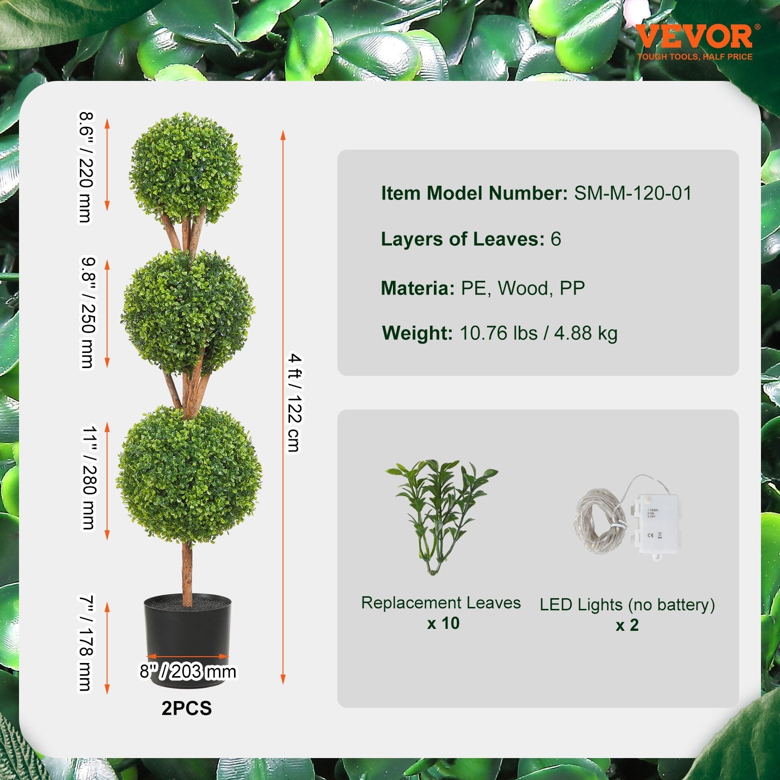 VEVOR Artificial Topiaries Boxwood Trees, 48 inch Tall (2 Pieces), 3 Ball-Shape Faux Topiaries Plant with Planters, Green Feaux Plant w/ Replaceable Leaves & Port for Decorative Indoor/Outdoor/Garden 