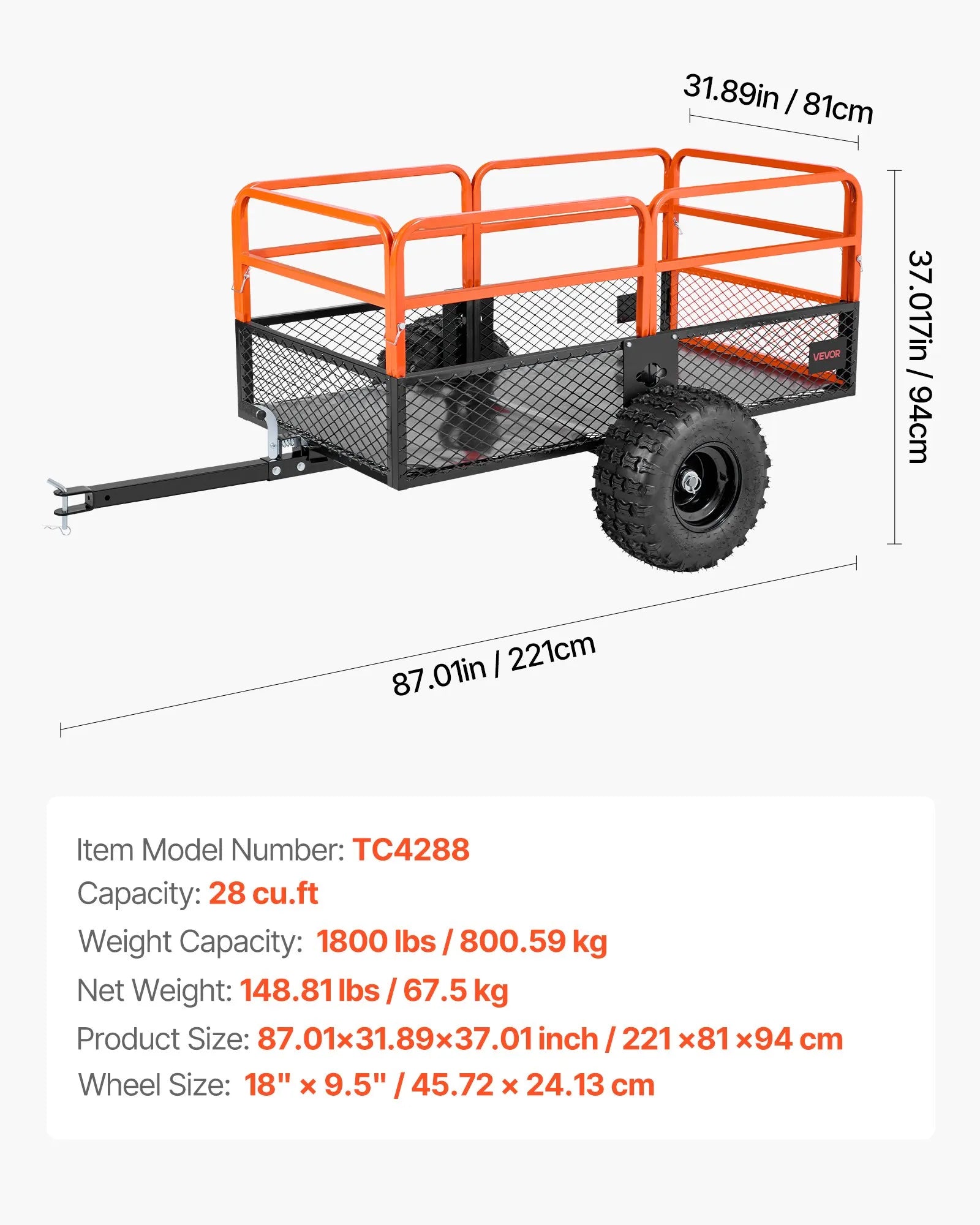 VEVOR Dump Trailer 1800 lbs 28 Cu. Ft Tow Behind Steel Garden Yard Trailer Cart
