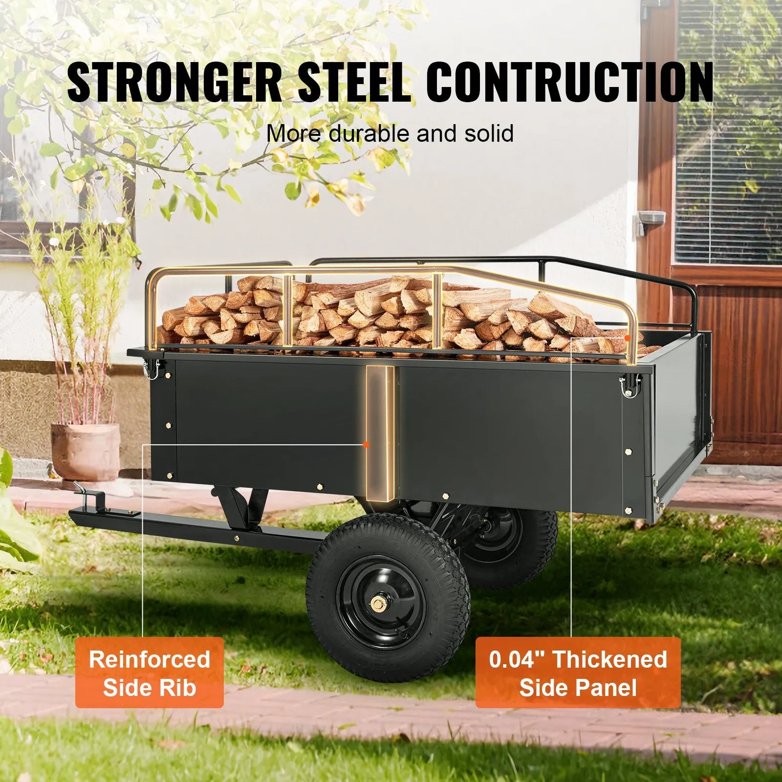 VEVOR ATV Trailer Heavy Duty Steel Dump Cart Tow Behind, 750 lbs 15 Cubic Feet, Garden Utility Trailer Yard Trailers with Removable Sides for Riding Lawn Mower Tractor