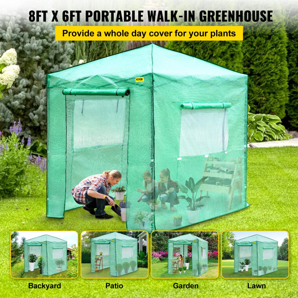 Vevor Walk-in Greenhouse Portable Pop-up Garden 8x6ft W/roll-up Doors & Windows 