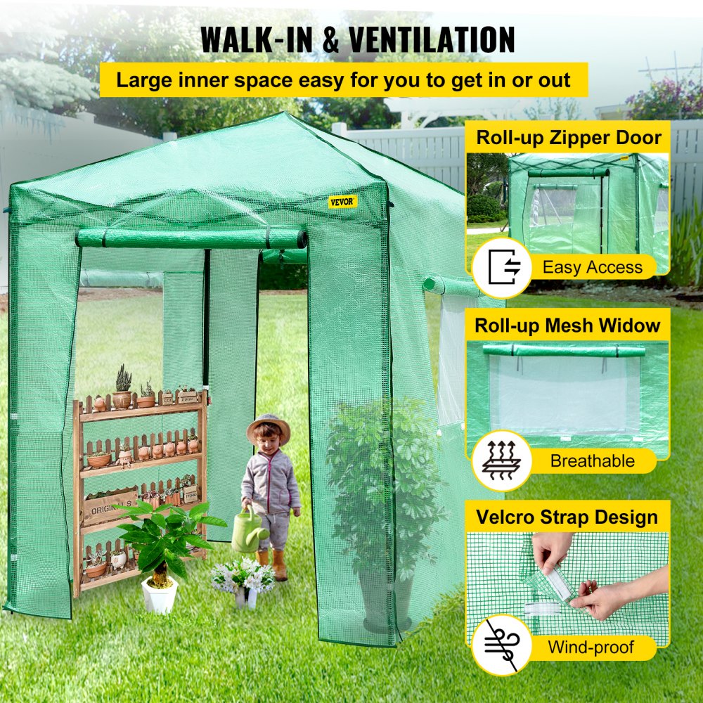 Vevor Walk-in Greenhouse Portable Pop-up Garden 8x6ft W/roll-up Doors & Windows 