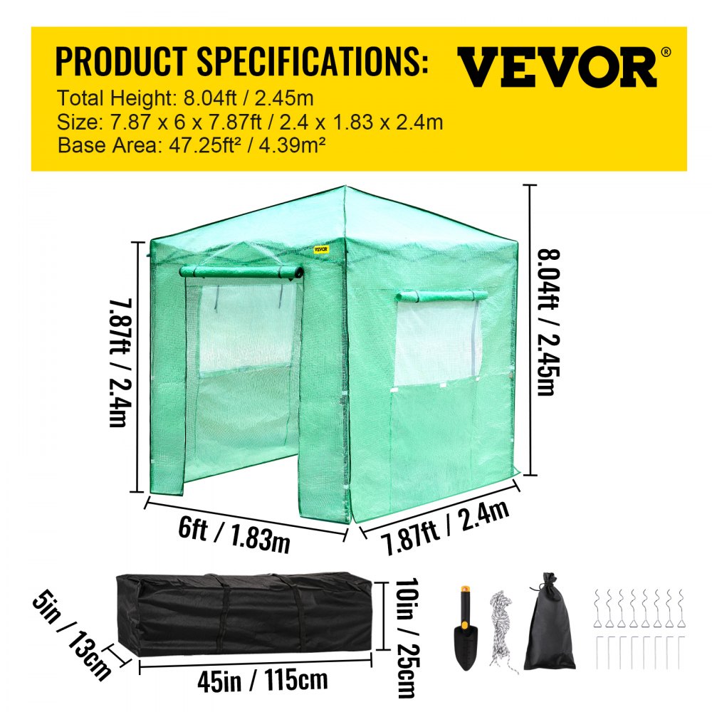 Vevor Walk-in Greenhouse Portable Pop-up Garden 8x6ft W/roll-up Doors & Windows 