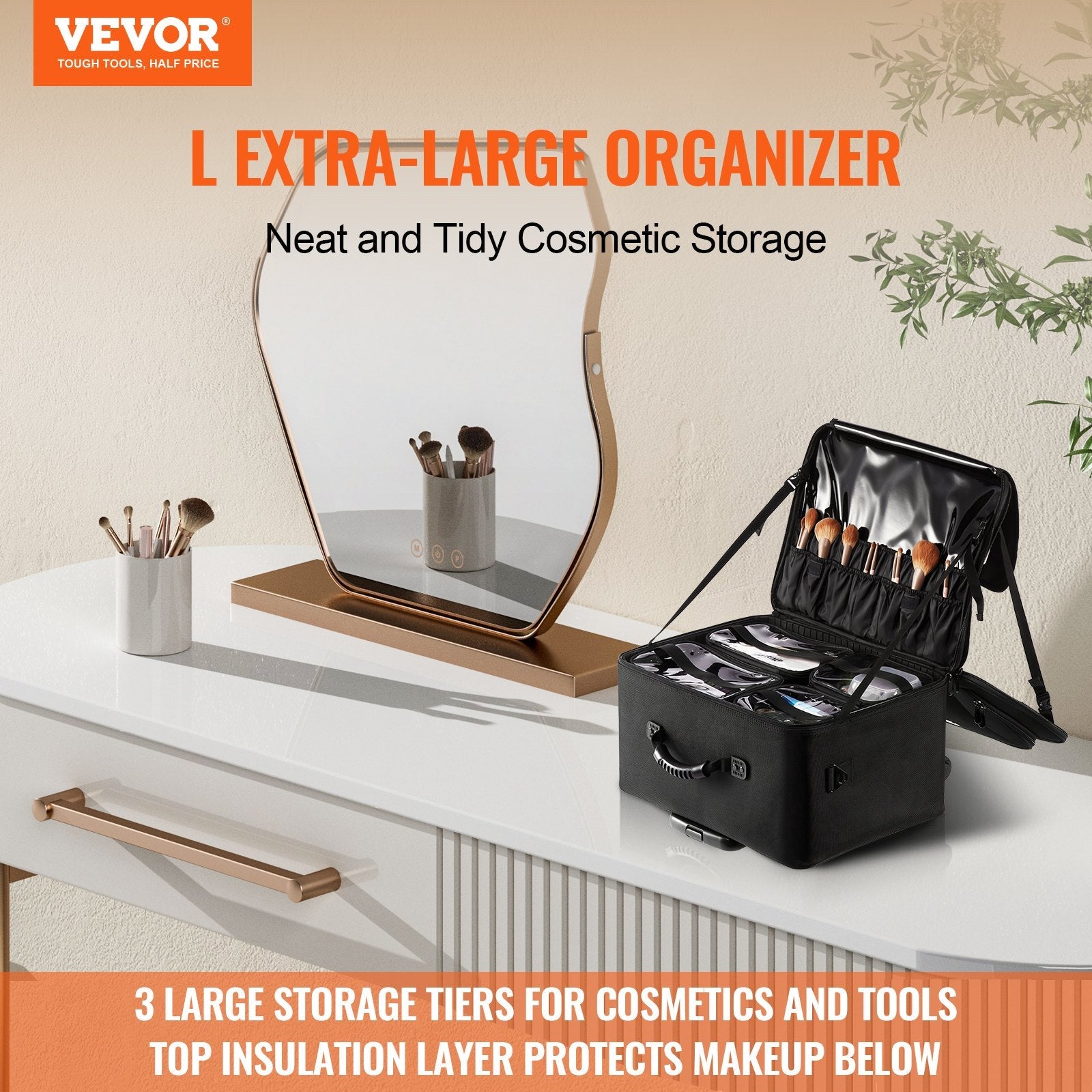 VEVOR Rolling Makeup Train Case Large Storage 3 Tiers, Convenient Carry With Handle, Wheels, Strap, Professional Makeup Storage Organizer Box Make Up Carrier Waterproof Oxford, Black 