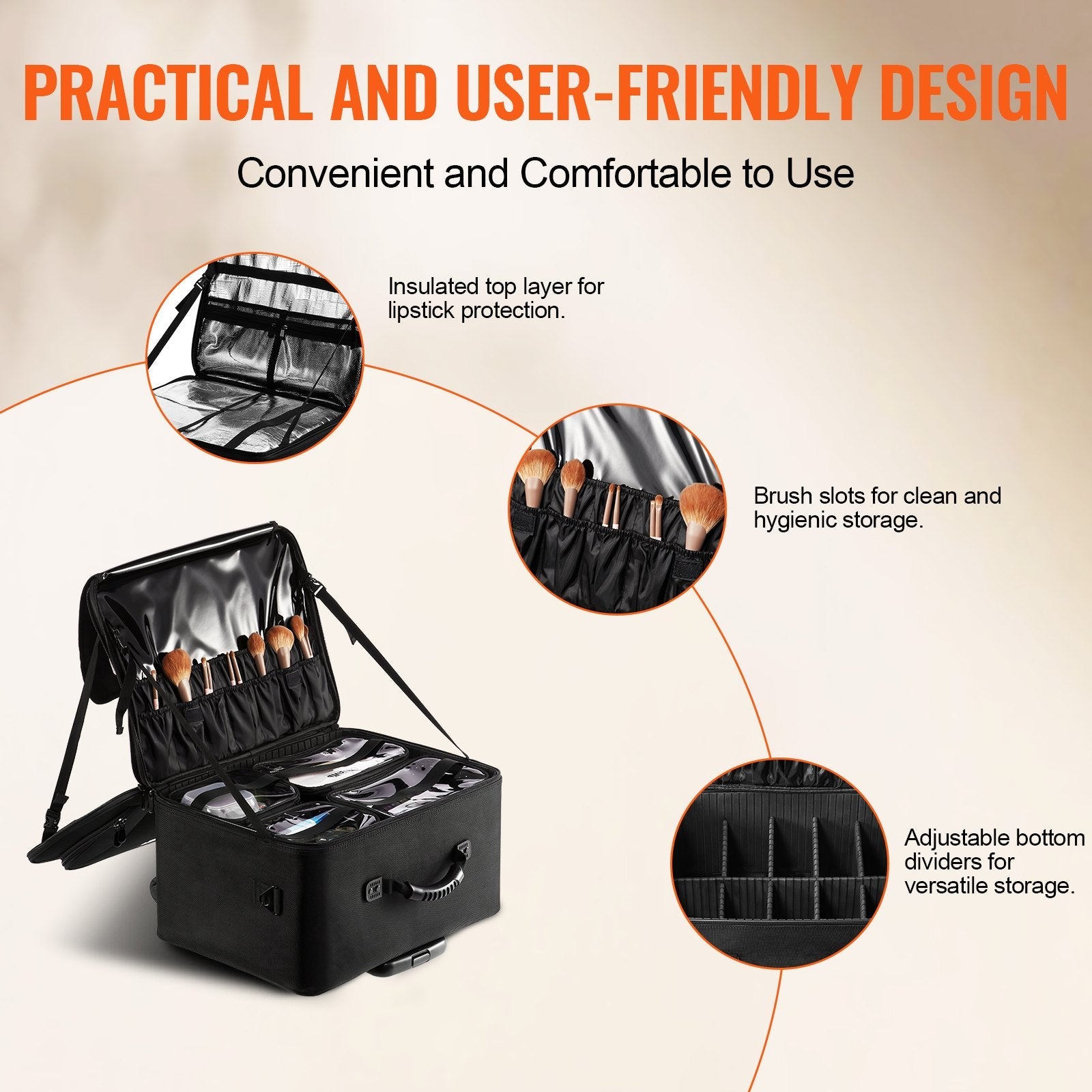 VEVOR Rolling Makeup Train Case Large Storage 3 Tiers, Convenient Carry With Handle, Wheels, Strap, Professional Makeup Storage Organizer Box Make Up Carrier Waterproof Oxford, Black 
