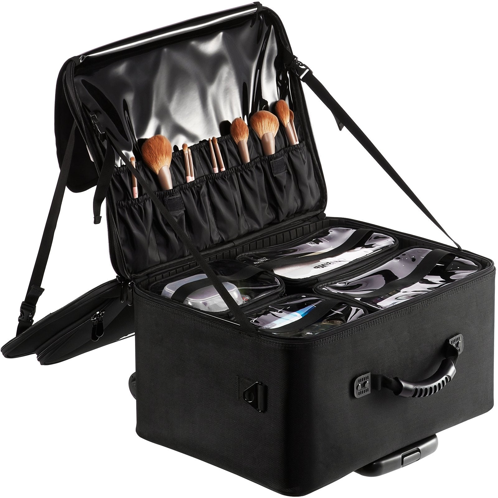 VEVOR Rolling Makeup Train Case Large Storage 3 Tiers, Convenient Carry With Handle, Wheels, Strap, Professional Makeup Storage Organizer Box Make Up Carrier Waterproof Oxford, Black 