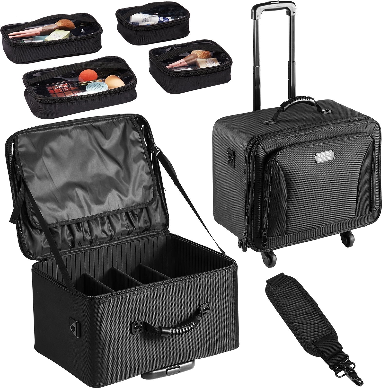 VEVOR Rolling Makeup Train Case Large Storage 3 Tiers, Convenient Carry With Handle, Wheels, Strap, Professional Makeup Storage Organizer Box Make Up Carrier Waterproof Oxford, Black 
