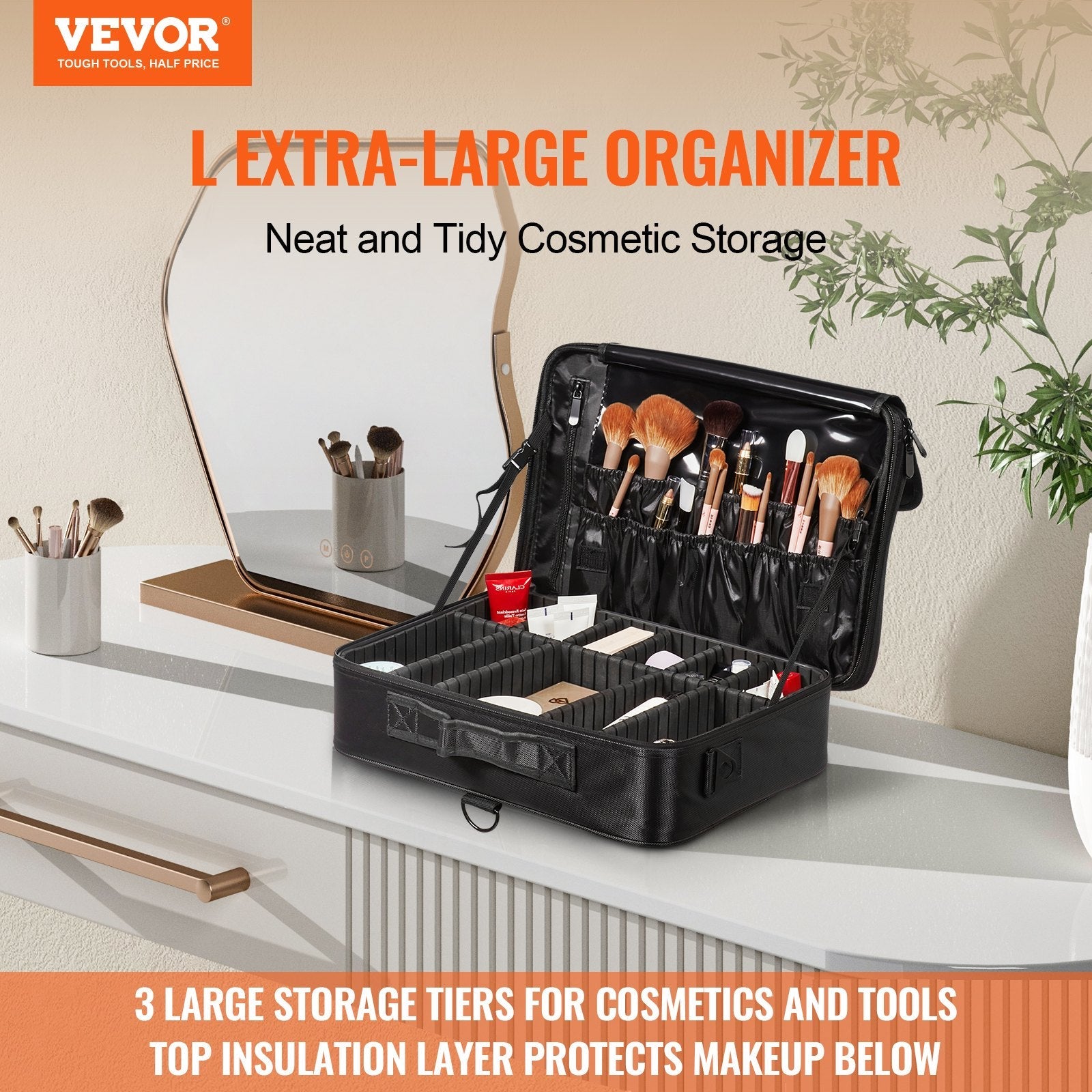 VEVOR Makeup Train Case Large Storage 3 Tiers, Convenient Carry With Handle, Strap, Professional Waterproof Oxford Makeup Storage Organizer Box, Heavy Duty Make Up Carrier, Black 