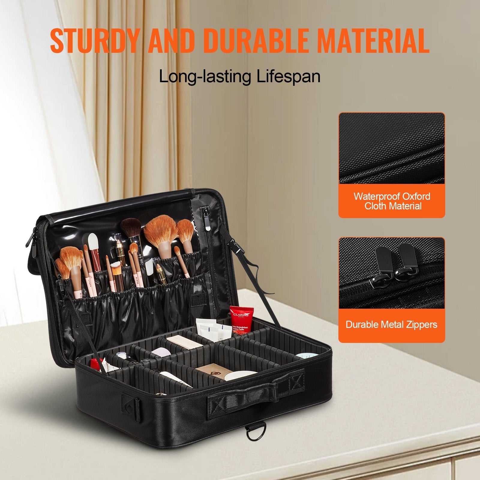 VEVOR Makeup Train Case Large Storage 3 Tiers, Convenient Carry With Handle, Strap, Professional Waterproof Oxford Makeup Storage Organizer Box, Heavy Duty Make Up Carrier, Black 