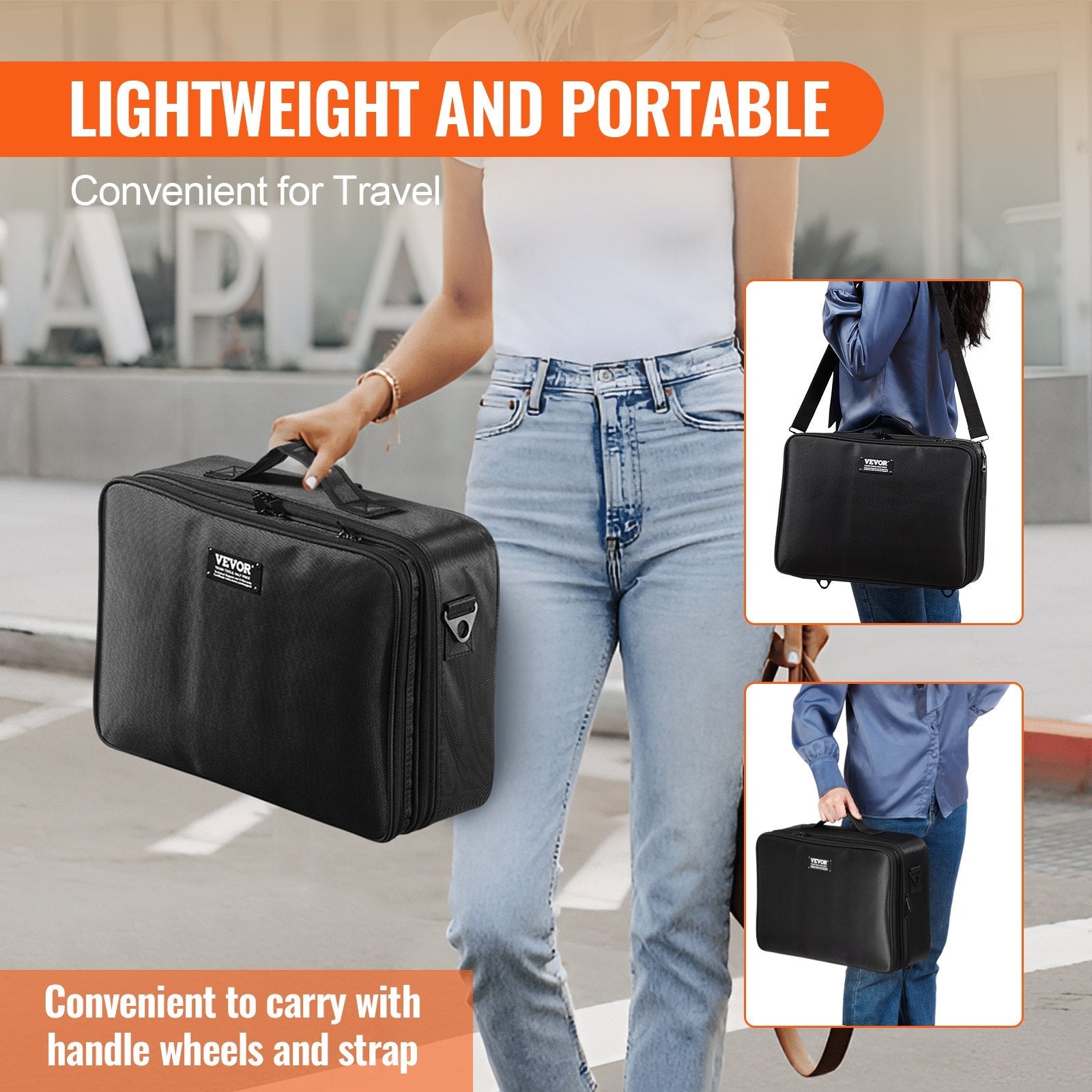 VEVOR Makeup Train Case Large Storage 3 Tiers, Convenient Carry With Handle, Strap, Professional Waterproof Oxford Makeup Storage Organizer Box, Heavy Duty Make Up Carrier, Black 