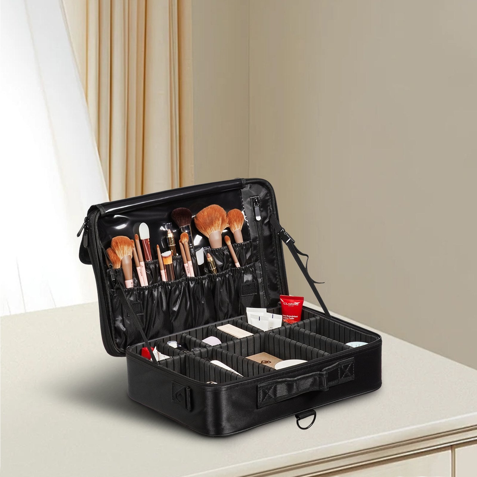 VEVOR Makeup Train Case Large Storage 3 Tiers, Convenient Carry With Handle, Strap, Professional Waterproof Oxford Makeup Storage Organizer Box, Heavy Duty Make Up Carrier, Black 