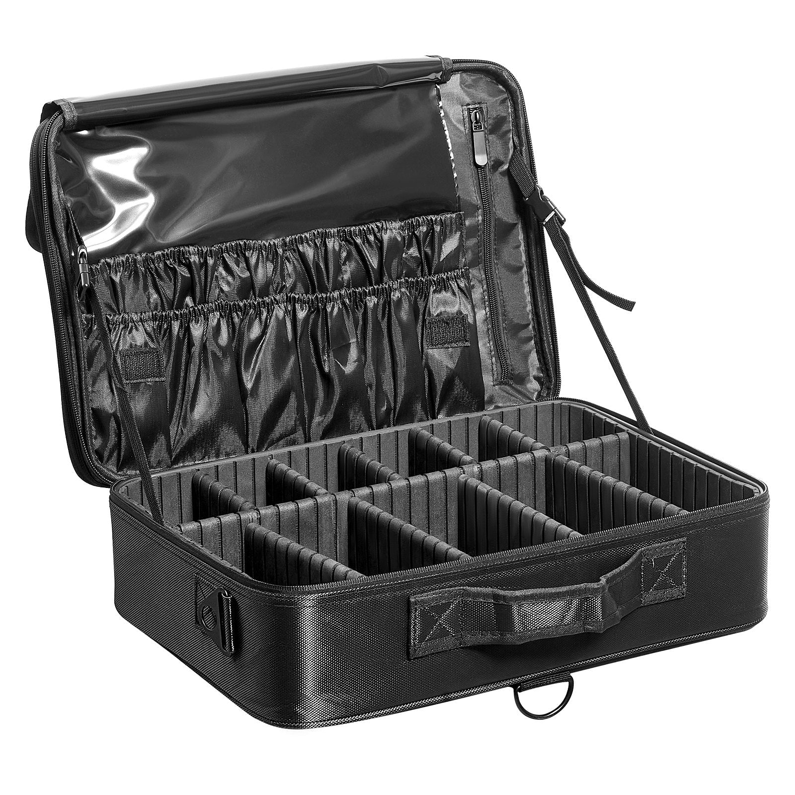 VEVOR Makeup Train Case Large Storage 3 Tiers, Convenient Carry With Handle, Strap, Professional Waterproof Oxford Makeup Storage Organizer Box, Heavy Duty Make Up Carrier, Black 