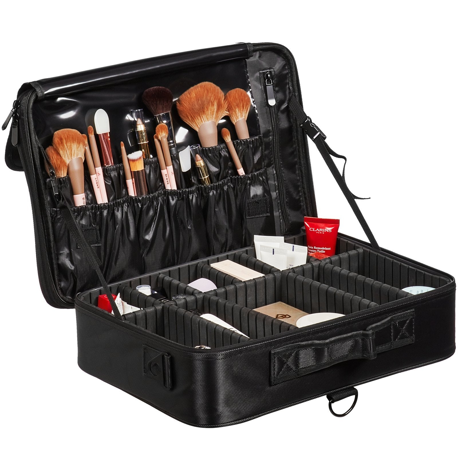 VEVOR Makeup Train Case Large Storage 3 Tiers, Convenient Carry With Handle, Strap, Professional Waterproof Oxford Makeup Storage Organizer Box, Heavy Duty Make Up Carrier, Black 