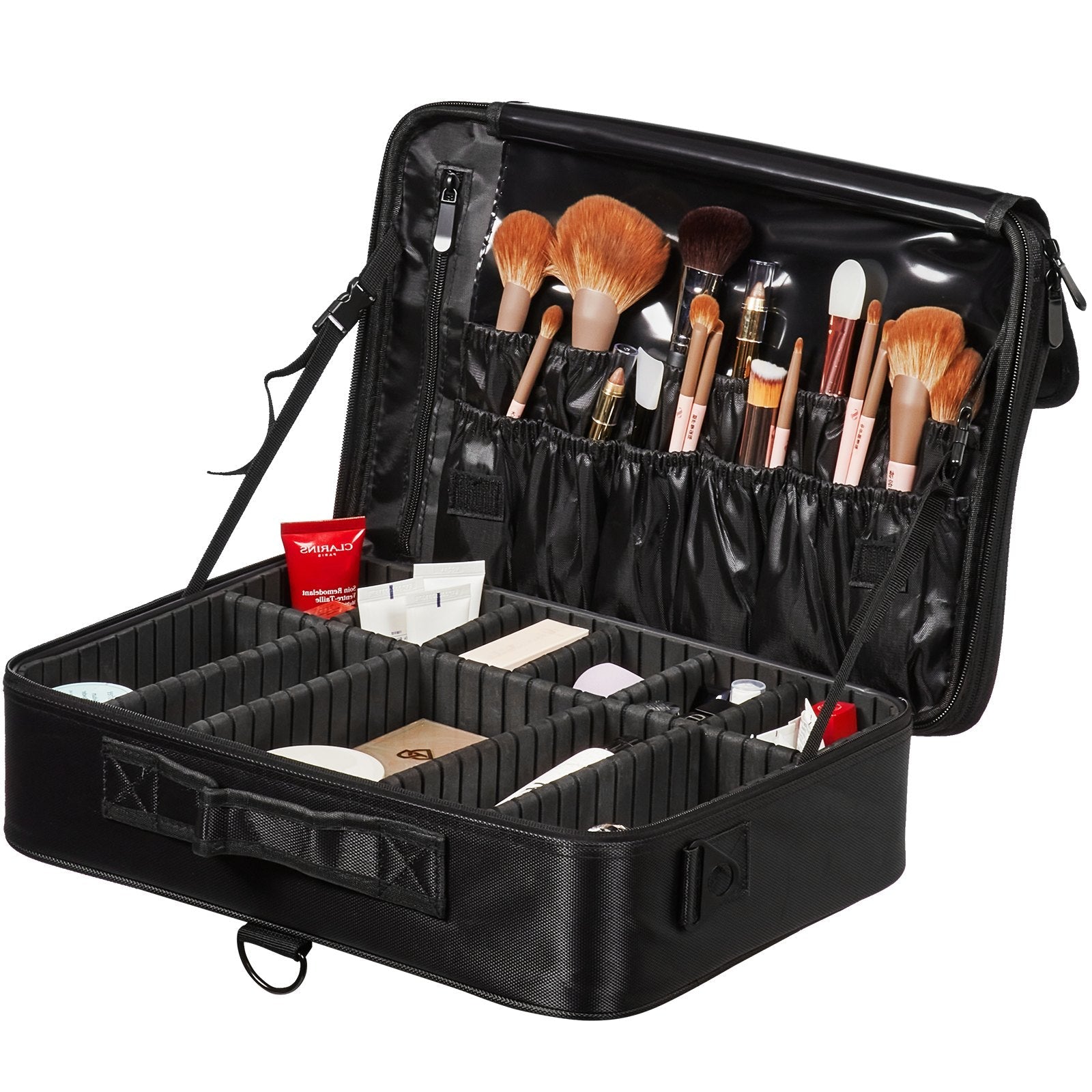 VEVOR Makeup Train Case Large Storage 3 Tiers, Convenient Carry With Handle, Strap, Professional Waterproof Oxford Makeup Storage Organizer Box, Heavy Duty Make Up Carrier, Black 