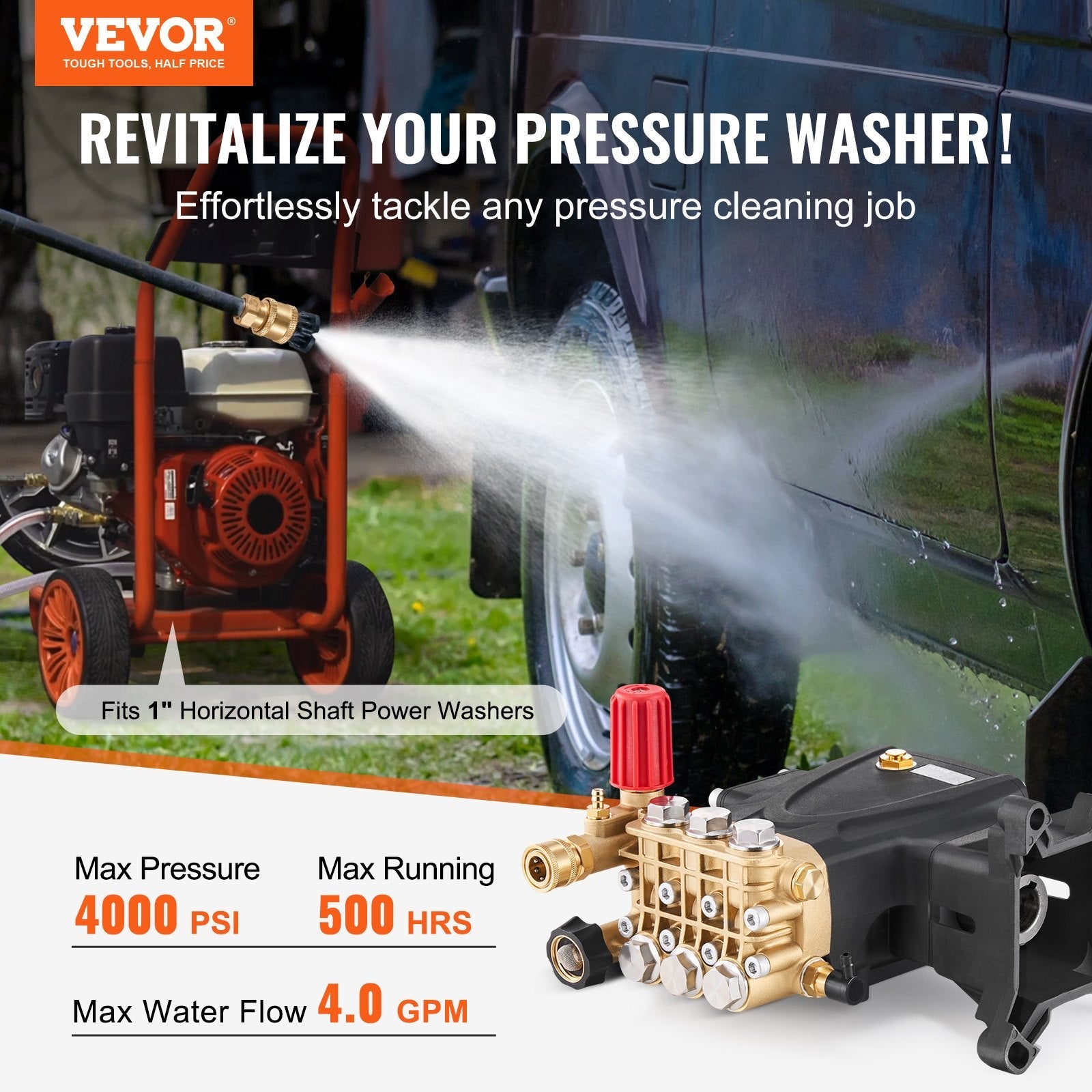 VEVOR Pressure Washer Pump 1" Shaft Horizontal Triplex Plunger 4000 PSI 4.0GPM 