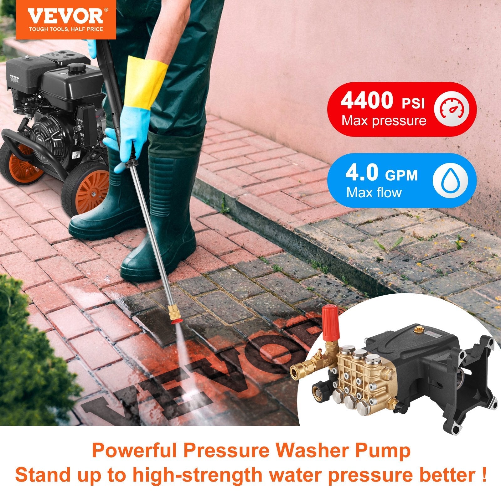 VEVOR Pressure Washer Pump, 1" Shaft Horizontal Triplex Plunger, 4400 PSI, 4 GPM Flow, Replacement Power Washer Pumps Kit, Parts Washer Pump, Compatible with Simpson MorFlex Models 40224, 40225, 40226 