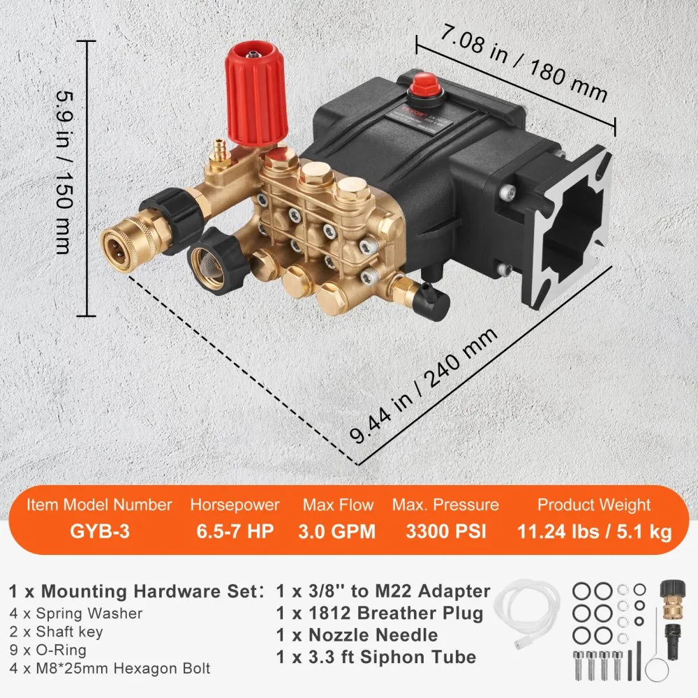 VEVOR Pressure Washer Pump Power Washer Pump 3/4" Horizontal 3300 PSI 3.0 GPM