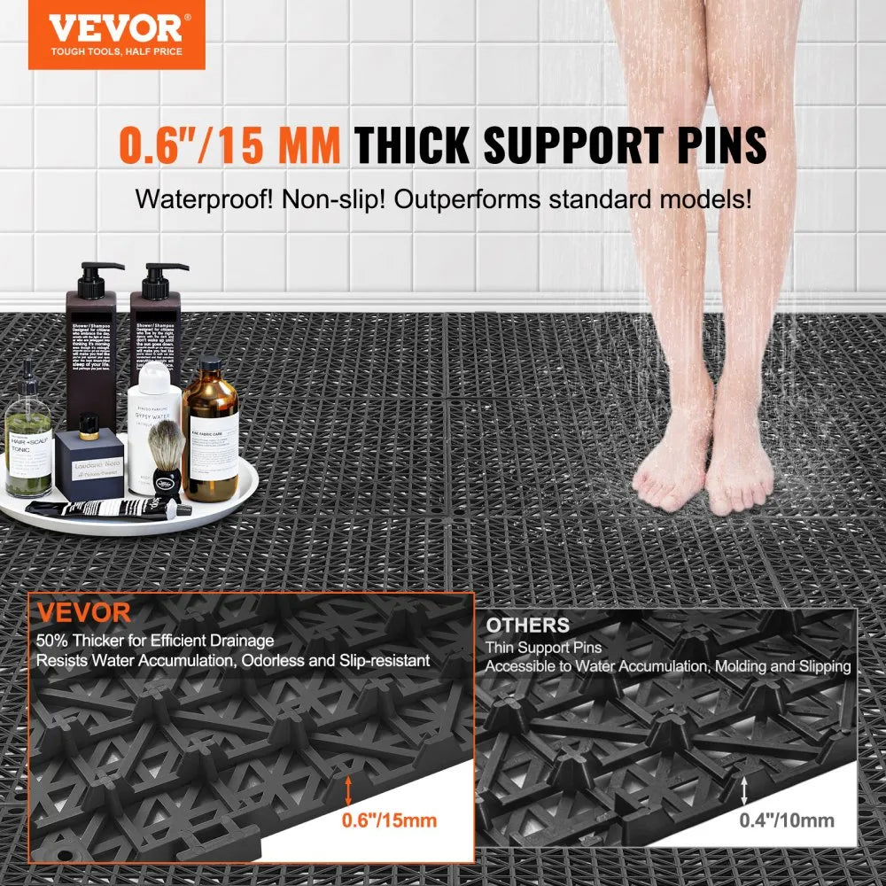 VEVOR Modular Interlocking Cushion, Black PVC Drainage Mats, 50 Pack Floor Tiles, Non-Slip Drainage Floor Tile, Bathroom Anti-Slip Mat, Kitchen Drainage Tile, Pool Floor Tile, Restroom Floor Mat, Wet Area Floor Tiles, Interlocking PVC Mats