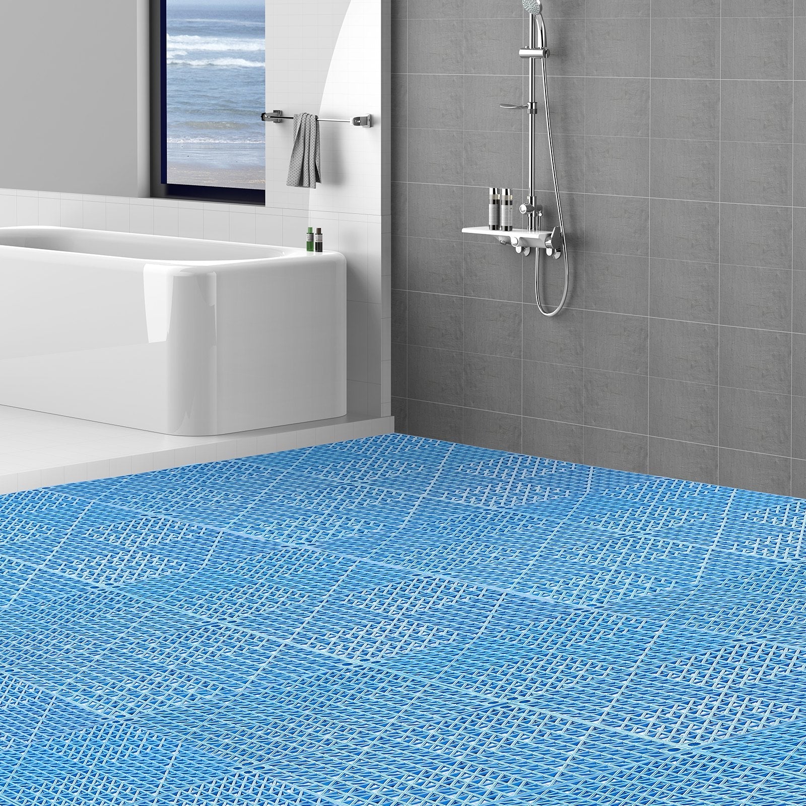 VEVOR Modular Interlocking Cushion, 50 Pack 12" x 12" Splicing Drainage Mats, Soft PVC Interlocking Drainage Floor Tiles, Non-Slip Drainage Holes for Restroom, Bathroom, Kitchen, Pool, Wet Areas, Blue 