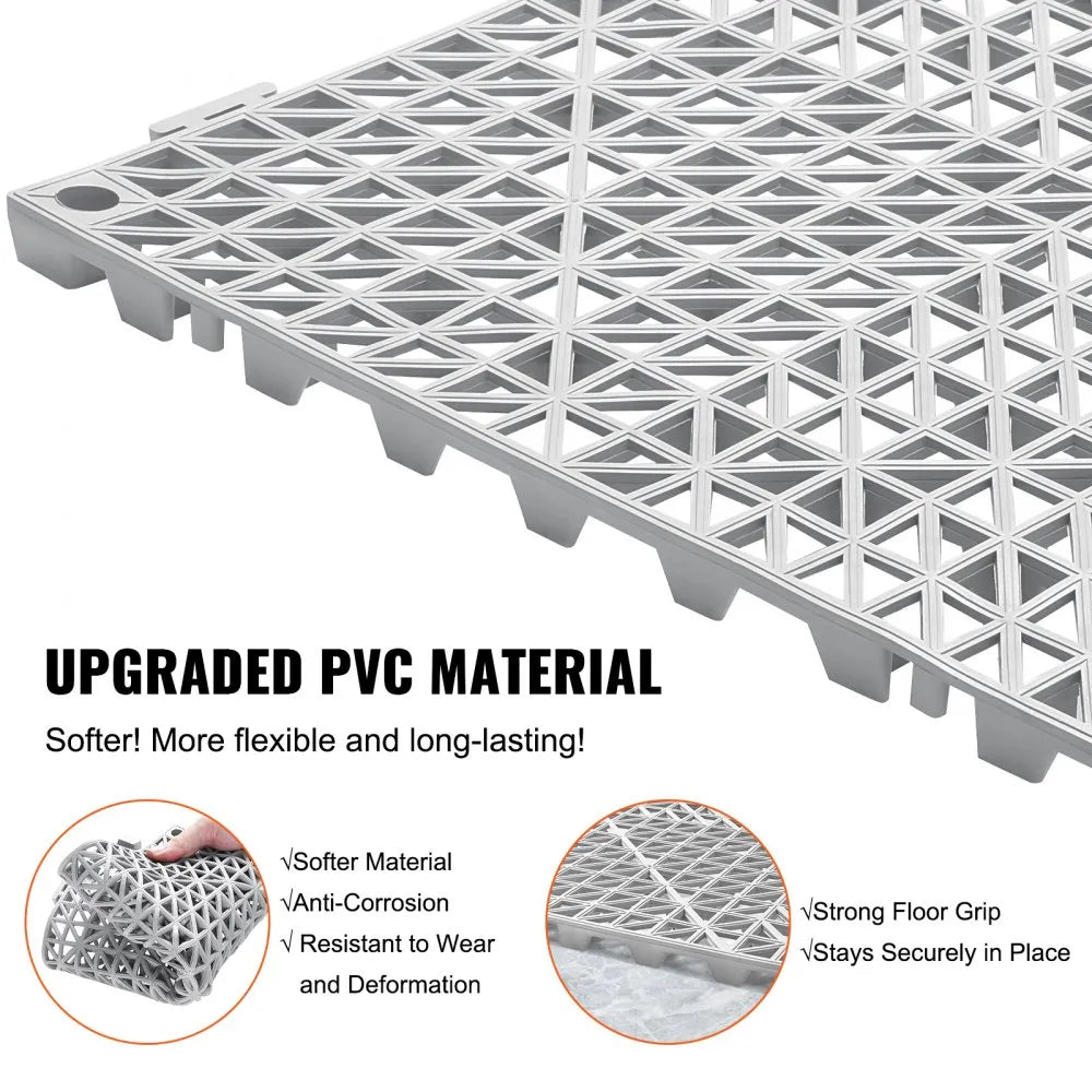 VEVOR Modular Interlocking Cushion, 12 Pack 12" x 12" Splicing Drainage Mats, Soft PVC Interlocking Drainage Floor Tiles, Non-Slip Drainage Holes for Restroom, Bathroom, Kitchen, Pool, Wet Areas, Gray