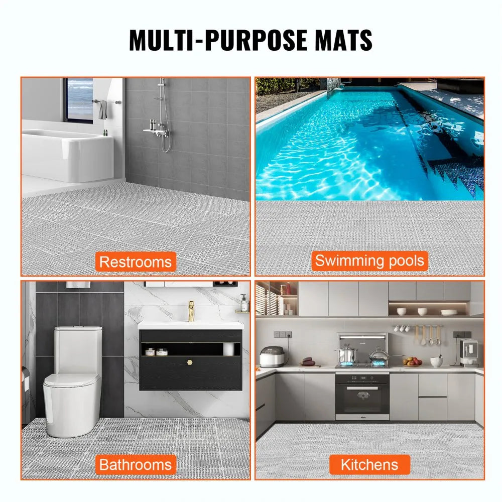 VEVOR Modular Interlocking Cushion, 50 Pack 12" x 12" Splicing Drainage Mats, Soft PVC Interlocking Drainage Floor Tiles, Non-Slip Drainage Holes for Restroom, Bathroom, Kitchen, Pool, Wet Areas, Gray