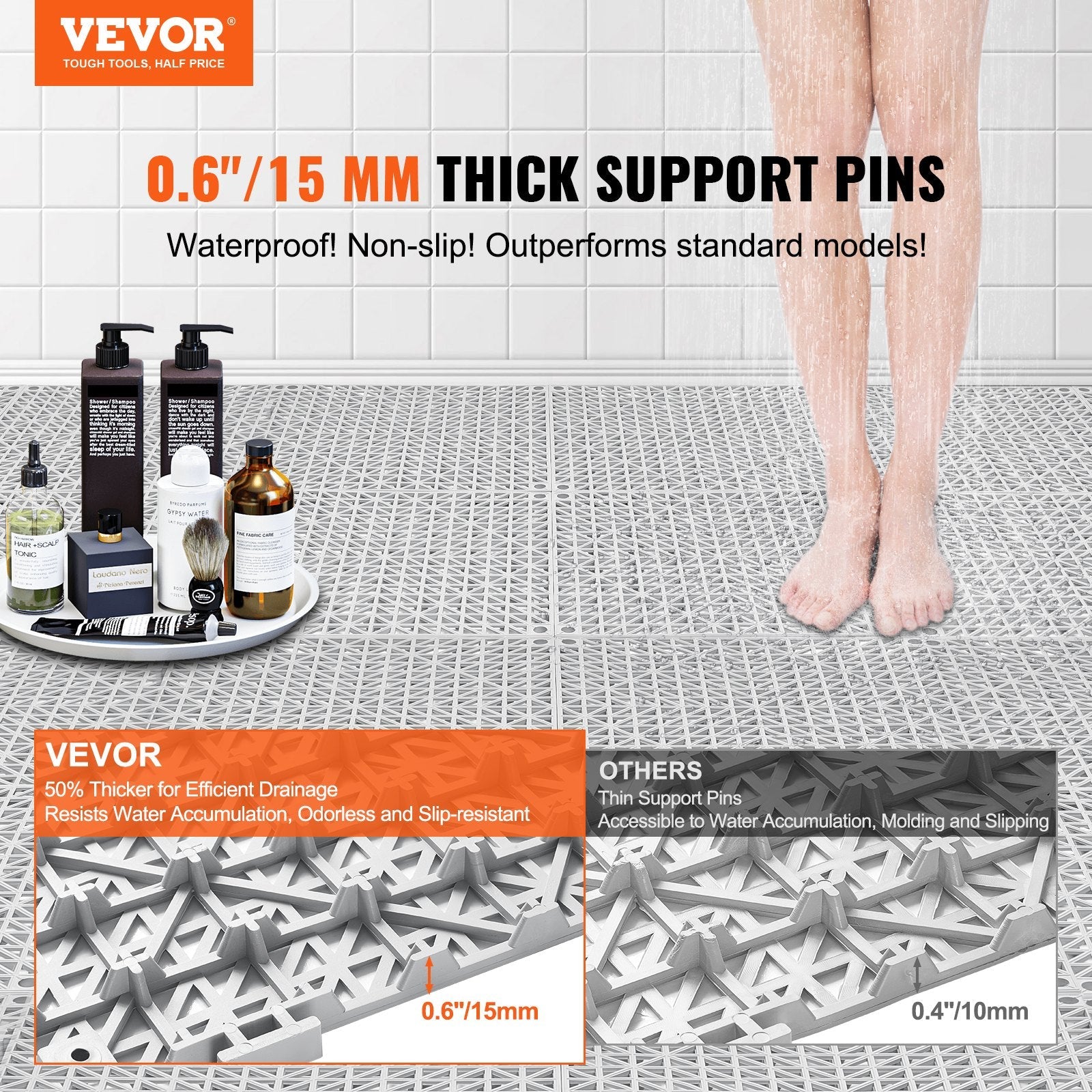 VEVOR Modular Interlocking Cushion, 55 Pack 12" x 12" Splicing Drainage Mats, Soft PVC Interlocking Drainage Floor Tiles, Non-Slip Drainage Holes for Restroom, Bathroom, Kitchen, Pool, Wet Areas, Gray 