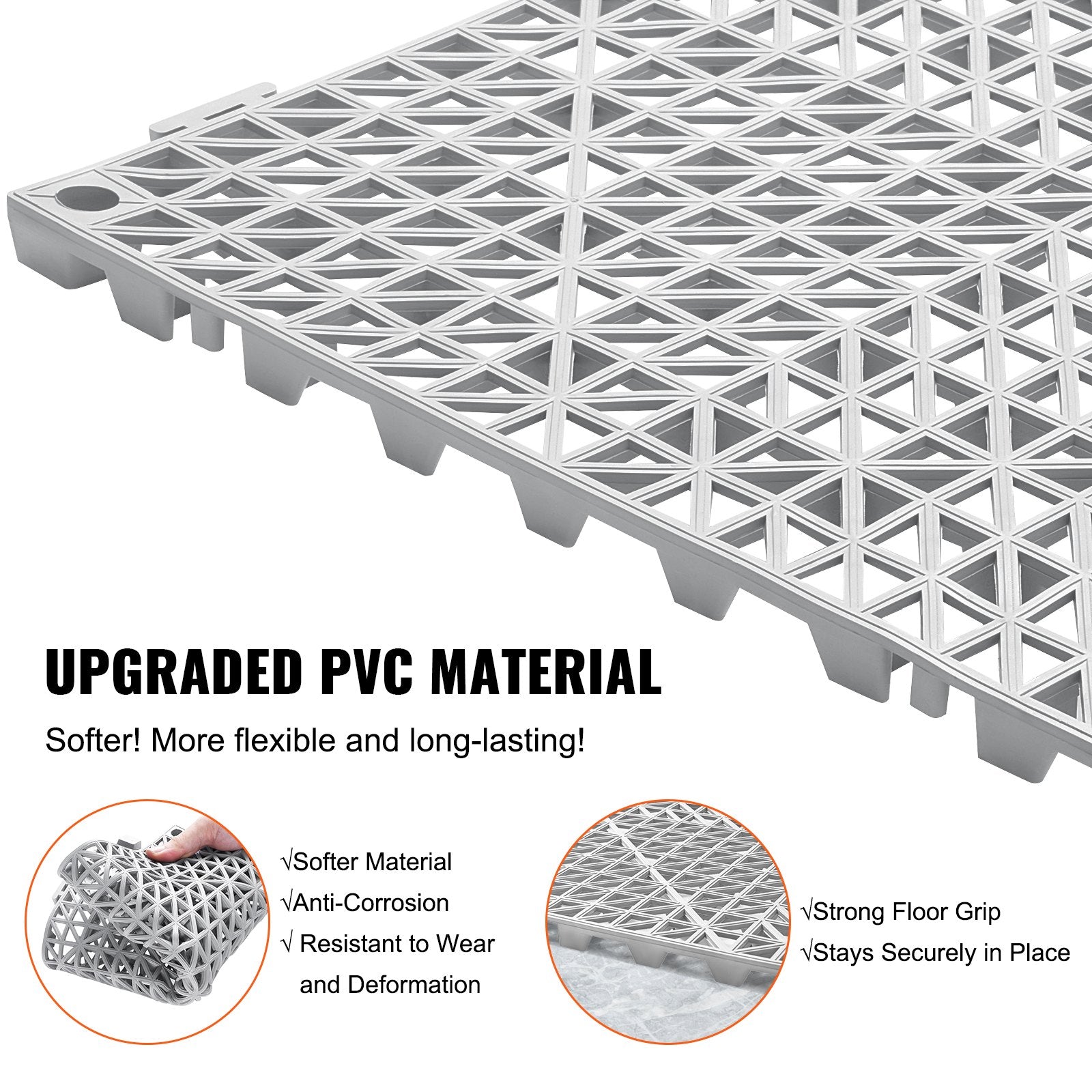 VEVOR Modular Interlocking Cushion, 55 Pack 12" x 12" Splicing Drainage Mats, Soft PVC Interlocking Drainage Floor Tiles, Non-Slip Drainage Holes for Restroom, Bathroom, Kitchen, Pool, Wet Areas, Gray 