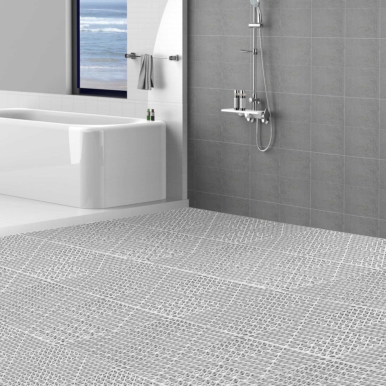 VEVOR Modular Interlocking Cushion, 55 Pack 12" x 12" Splicing Drainage Mats, Soft PVC Interlocking Drainage Floor Tiles, Non-Slip Drainage Holes for Restroom, Bathroom, Kitchen, Pool, Wet Areas, Gray 