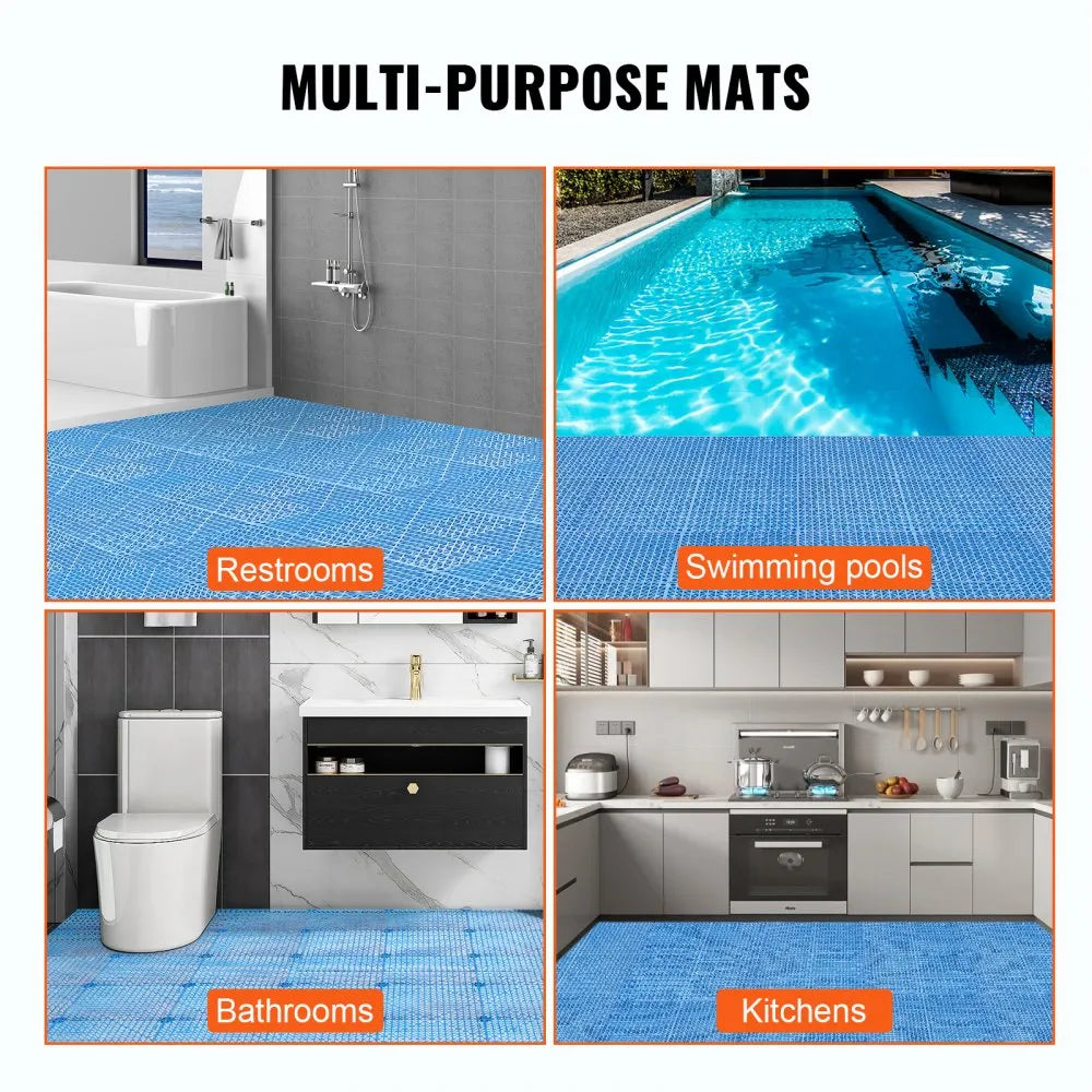 VEVOR Modular Interlocking Cushion, 55 Pack 12" x 12" Splicing Drainage Mats, Soft PVC Interlocking Drainage Floor Tiles, Non-Slip Drainage Holes for Restroom, Bathroom, Kitchen, Pool, Wet Areas, Blue