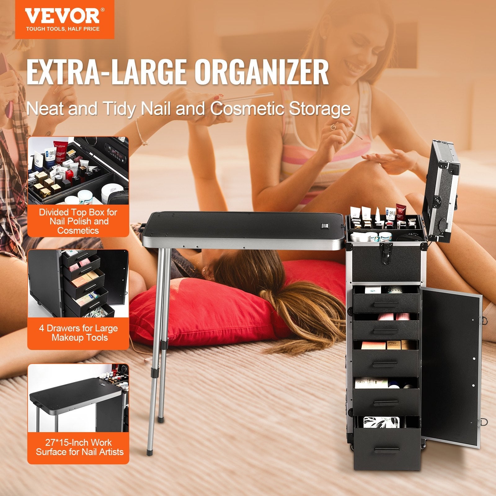 VEVOR Professional Makeup Train Case Aluminum Cosmetic Case, Workbench With Supporting Legs, Rolling Makeup Case Extra Large Trolley Makeup Travel Organizer, with 360° Swivel Wheels, Black 
