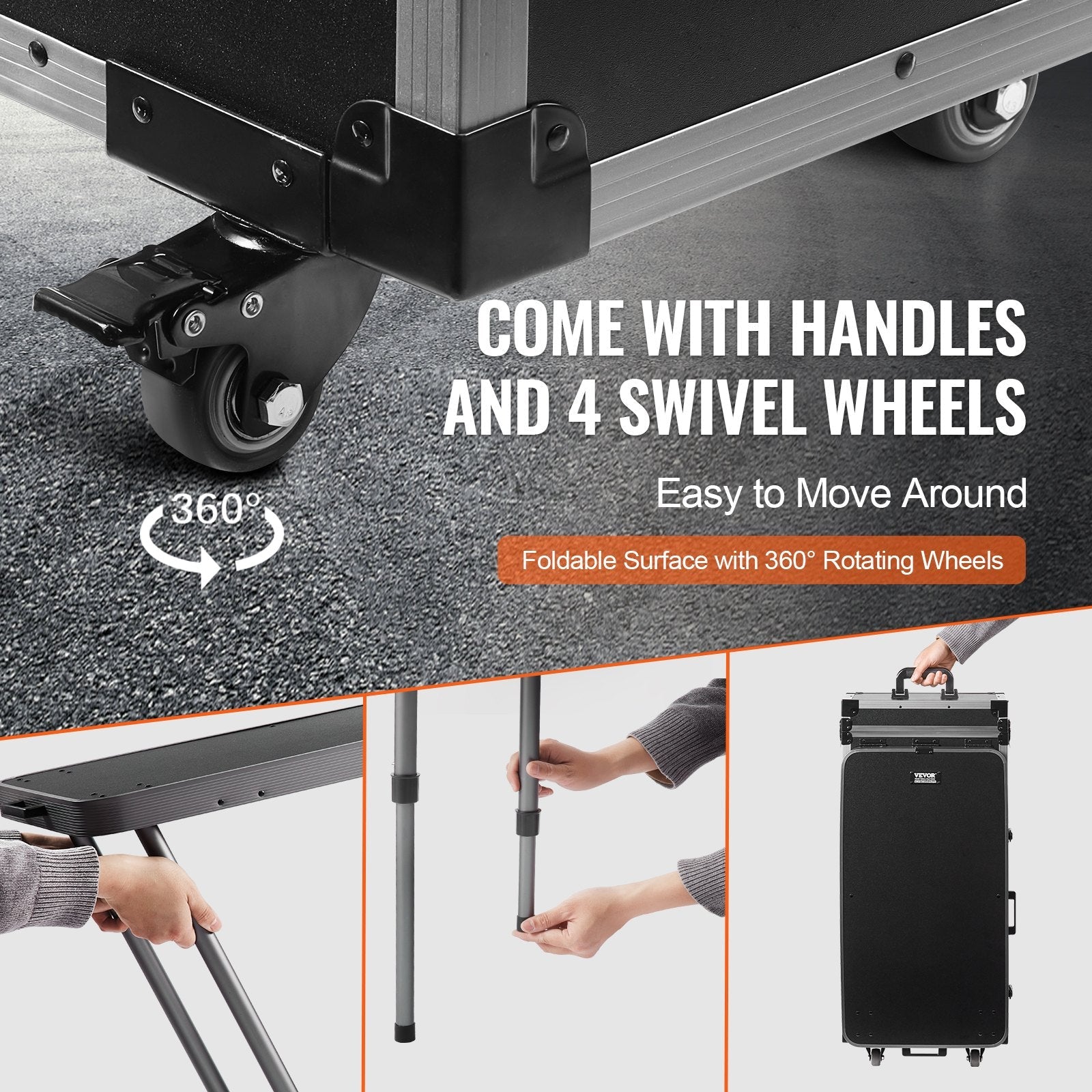VEVOR Professional Makeup Train Case Aluminum Cosmetic Case, Workbench With Supporting Legs, Rolling Makeup Case Extra Large Trolley Makeup Travel Organizer, with 360° Swivel Wheels, Black 
