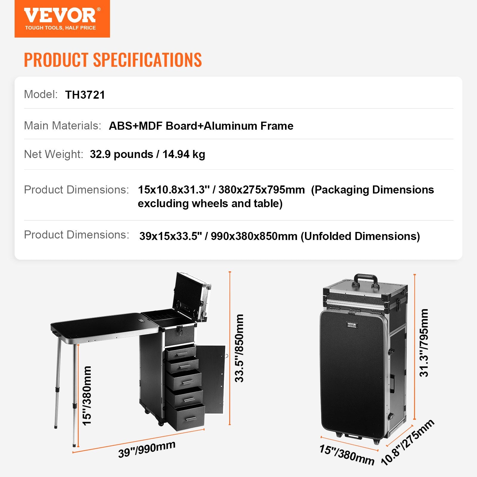 VEVOR Professional Makeup Train Case Aluminum Cosmetic Case, Workbench With Supporting Legs, Rolling Makeup Case Extra Large Trolley Makeup Travel Organizer, with 360° Swivel Wheels, Black 