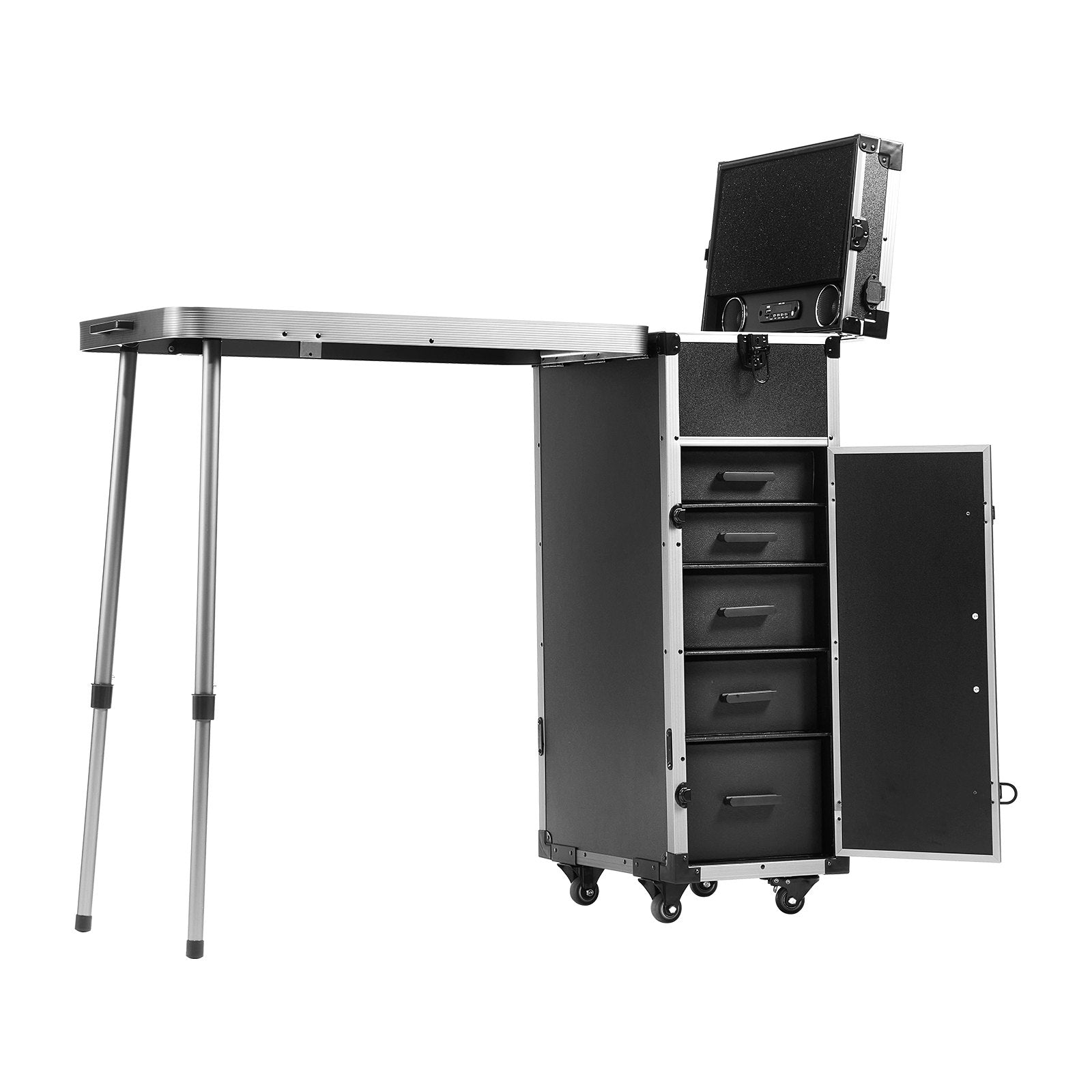 VEVOR Professional Makeup Train Case Aluminum Cosmetic Case, Workbench With Supporting Legs, Rolling Makeup Case Extra Large Trolley Makeup Travel Organizer, with 360° Swivel Wheels, Black 