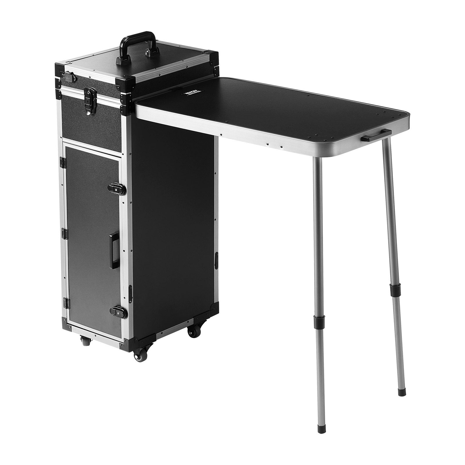 VEVOR Professional Makeup Train Case Aluminum Cosmetic Case, Workbench With Supporting Legs, Rolling Makeup Case Extra Large Trolley Makeup Travel Organizer, with 360° Swivel Wheels, Black 