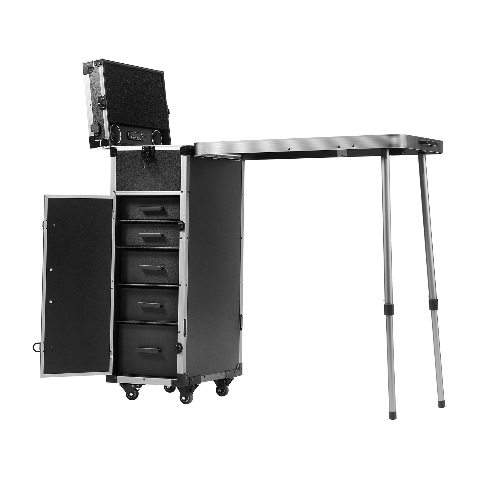 VEVOR Professional Makeup Train Case Aluminum Cosmetic Case, Workbench With Supporting Legs, Rolling Makeup Case Extra Large Trolley Makeup Travel Organizer, with 360° Swivel Wheels, Black 