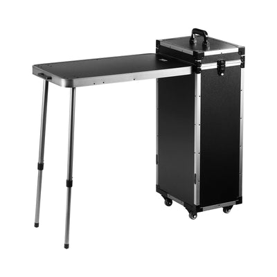 VEVOR Professional Makeup Train Case Aluminum Cosmetic Case, Workbench With Supporting Legs, Rolling Makeup Case Extra Large Trolley Makeup Travel Organizer, with 360° Swivel Wheels, Black 