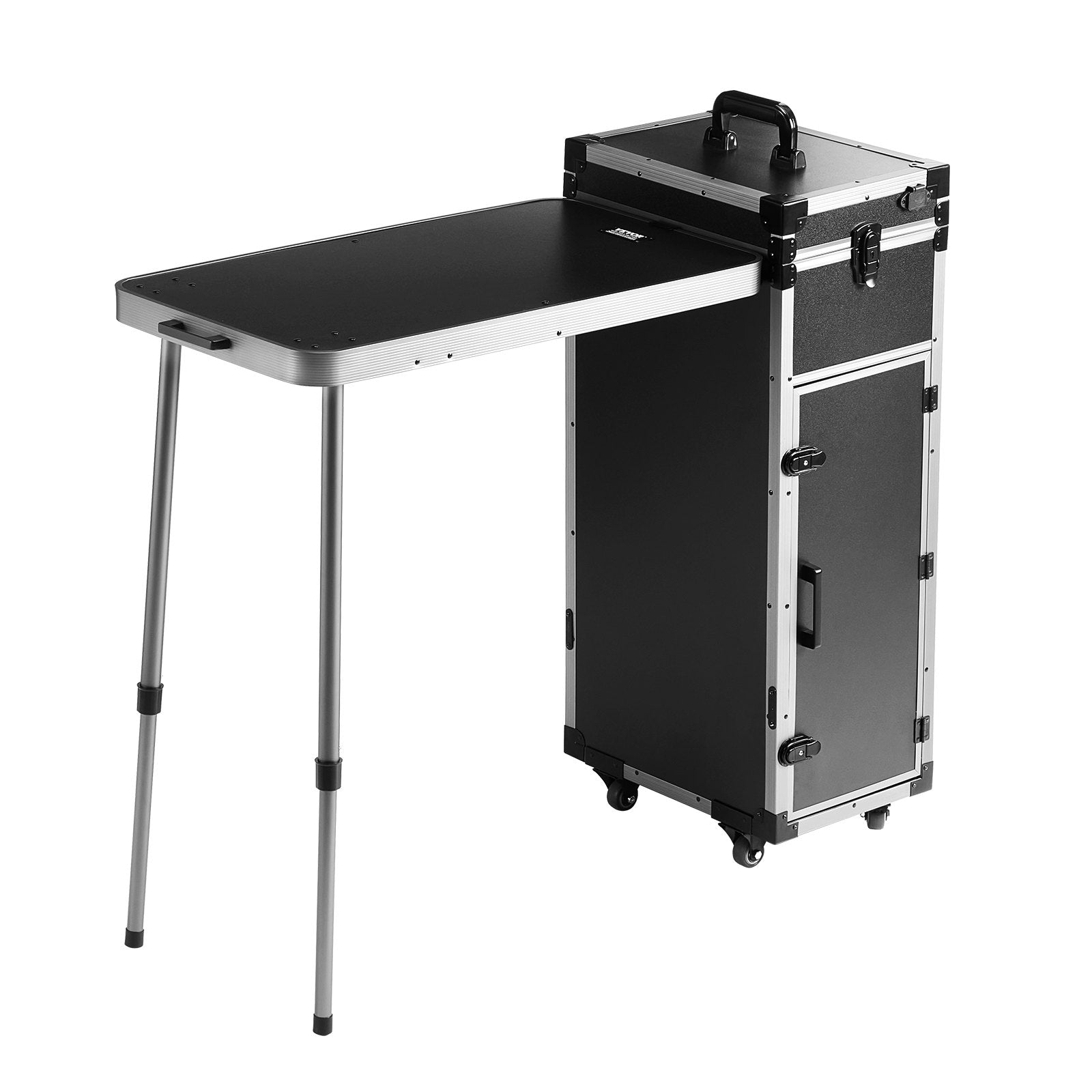 VEVOR Professional Makeup Train Case Aluminum Cosmetic Case, Workbench With Supporting Legs, Rolling Makeup Case Extra Large Trolley Makeup Travel Organizer, with 360° Swivel Wheels, Black 